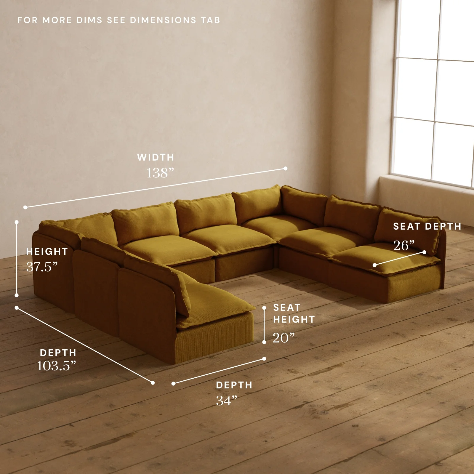 Modular Washable 8-Seater Open-Ends U-Sectional in Kiiro | Deluxe+ Seat | Cloud Pillow - Image 5
