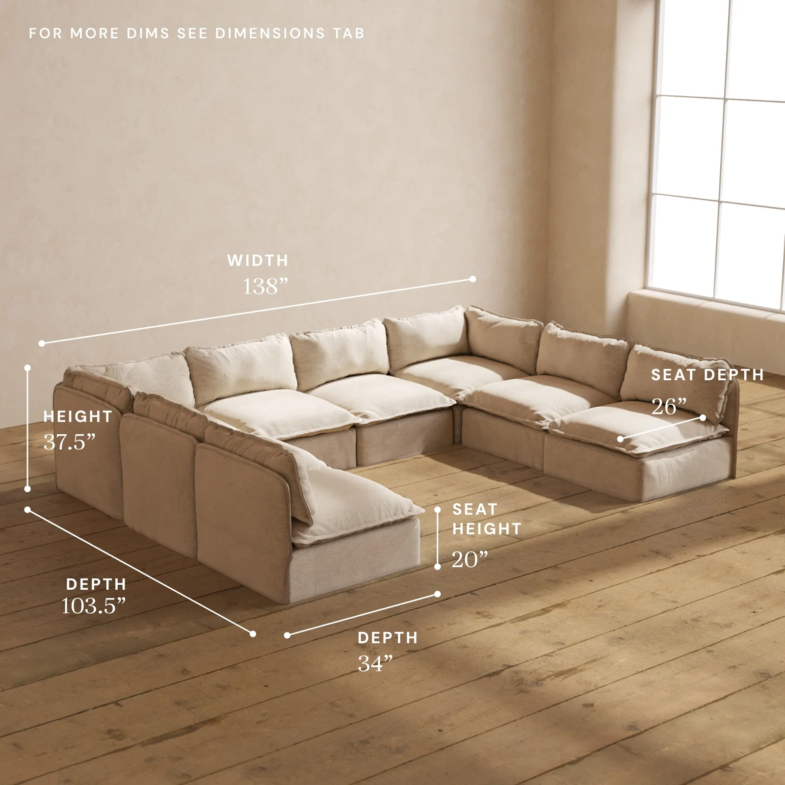 Modular Washable 8-Seater Open-Ends U-Sectional in Oat | Memorix+ Seat | Contour Pillow - Image 5