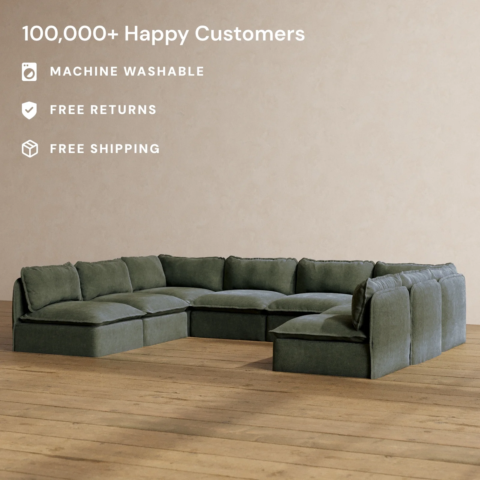 Modular Washable 8-Seater Open-Ends U-Sectional in Olivine | Memorix+ Seat | Contour Pillow - Image 2