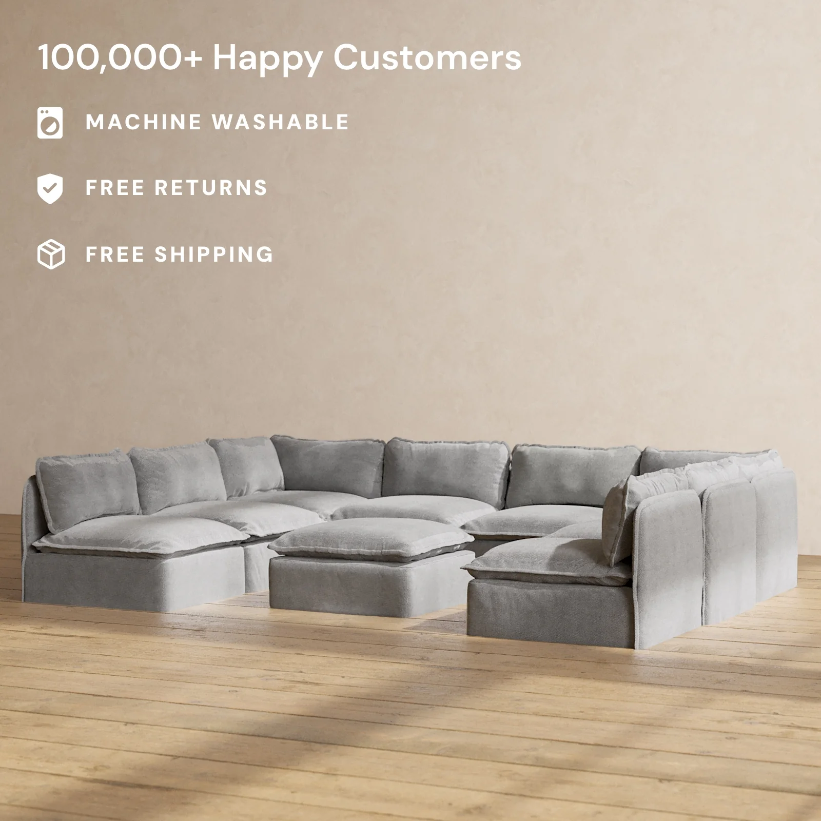 Modular Washable 8-Seater Open-Ends U-Sectional + Ottoman in Ash | Deluxe+ Seat | Cloud Pillow - Image 2