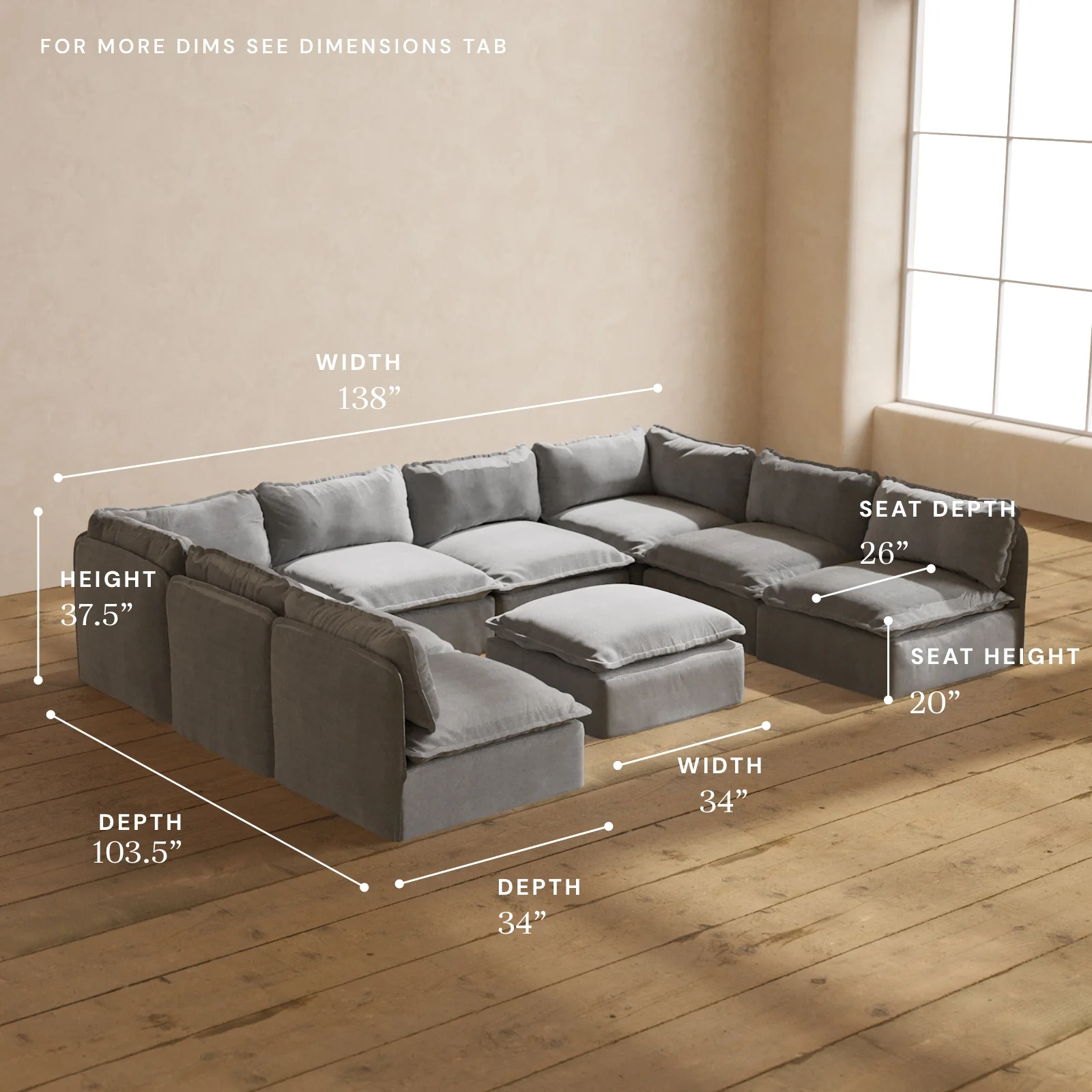 Modular Washable 8-Seater Open-Ends U-Sectional + Ottoman in Ash | Memorix+ Seat | Contour Pillow - Image 5