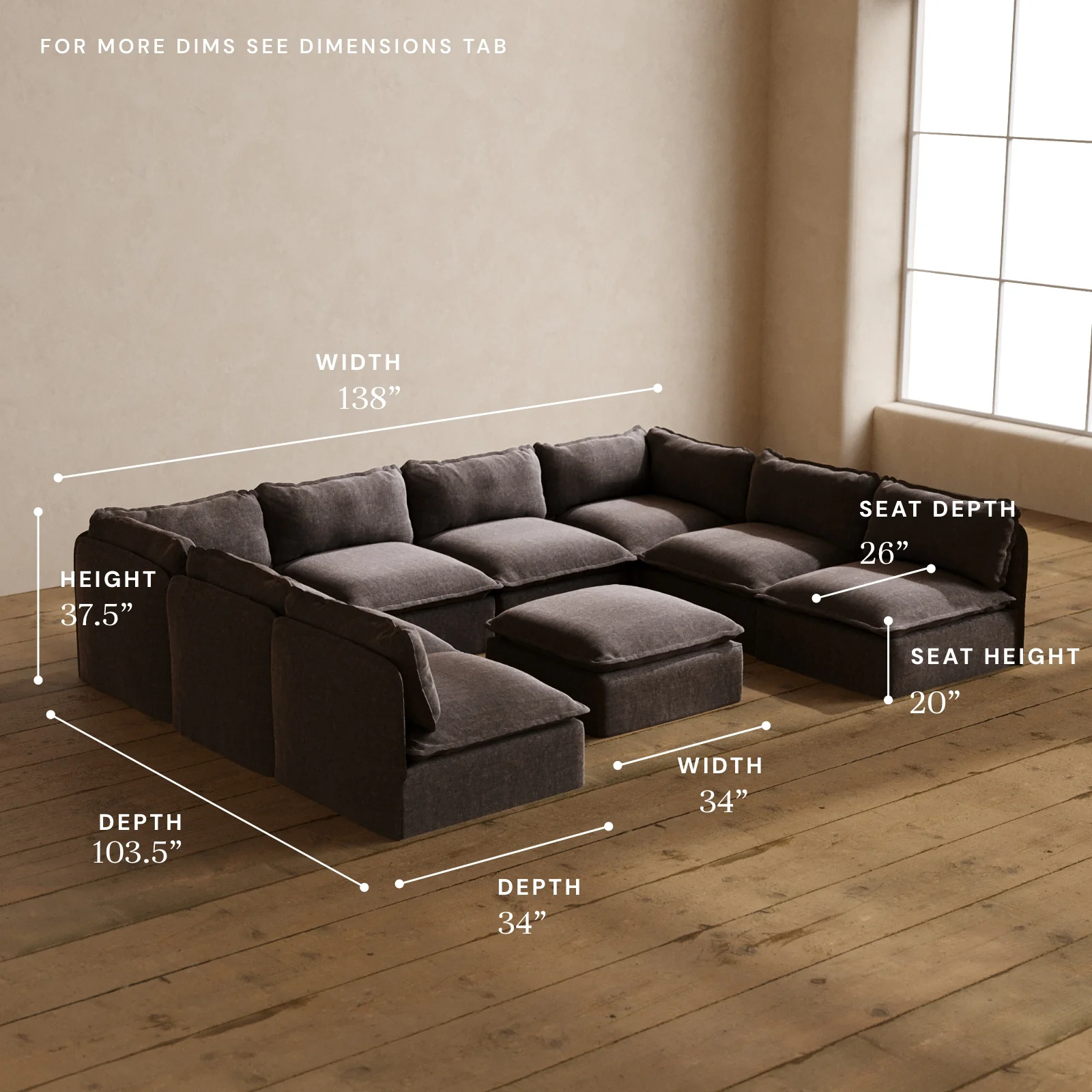 Modular Washable 8-Seater Open-Ends U-Sectional + Ottoman in Caviar | Deluxe+ Seat | Cloud Pillow - Image 5