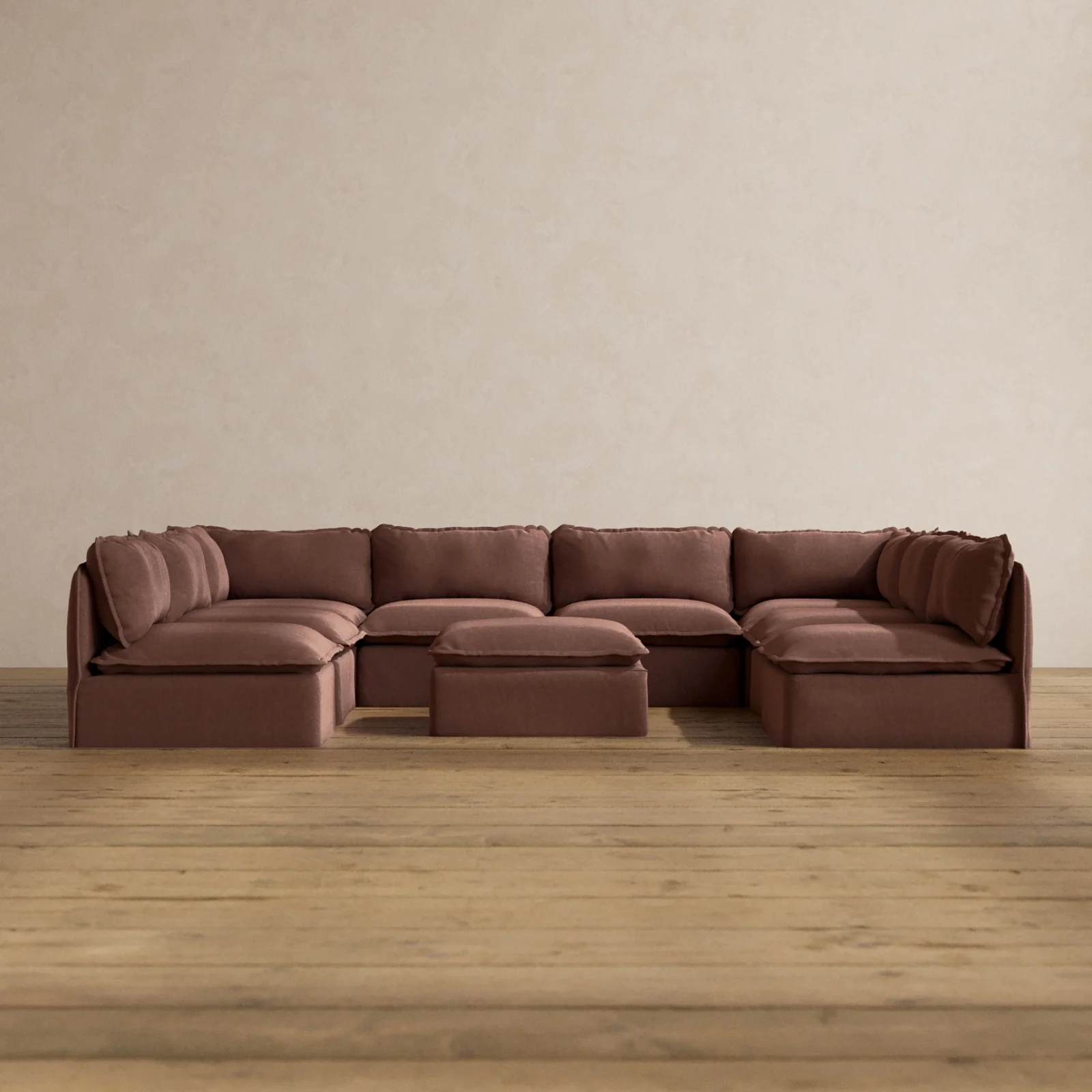 Modular Washable 8-Seater Open-Ends U-Sectional + Ottoman in Chestnut | Memorix+ Seat | Contour Pillow