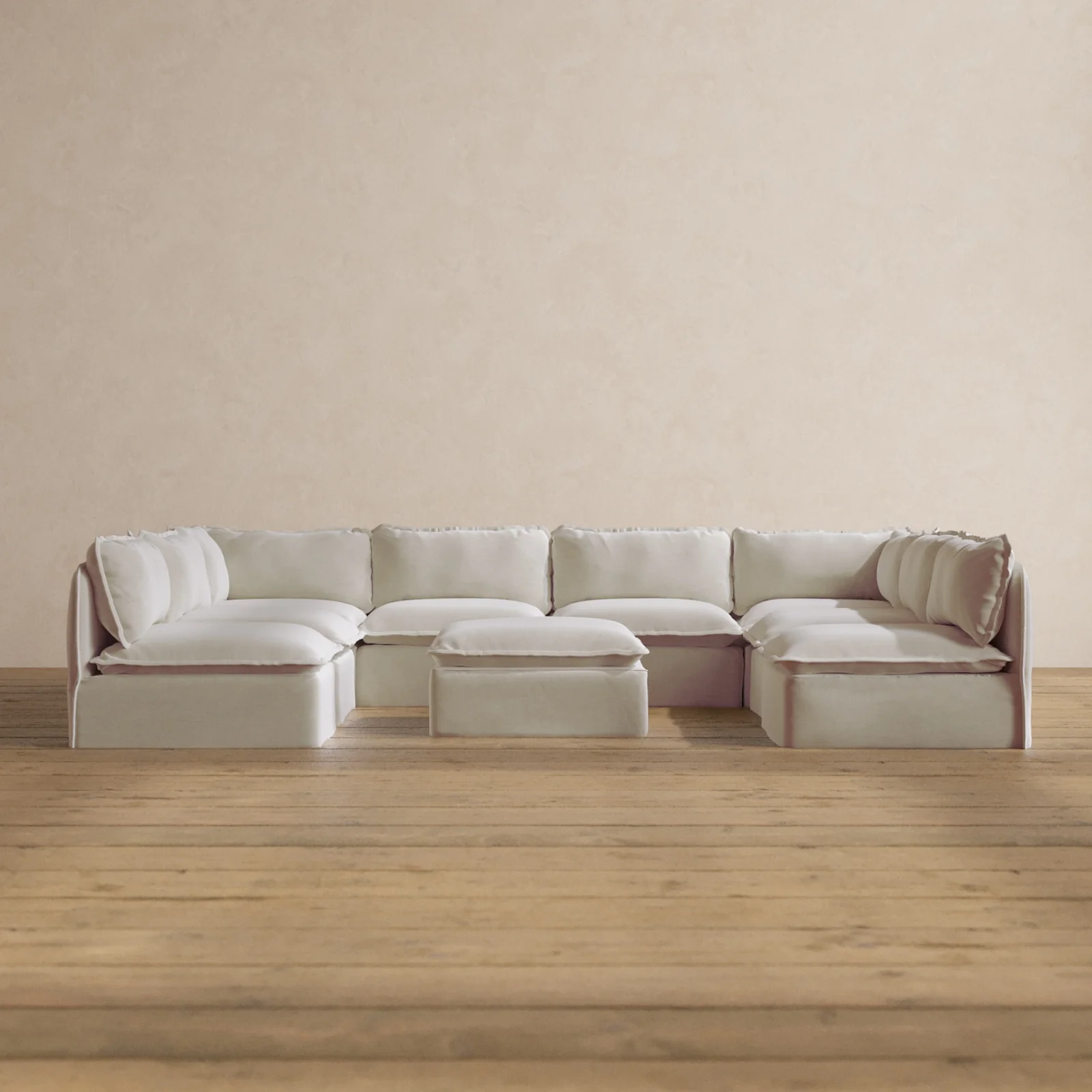 Modular Washable 8-Seater Open-Ends U-Sectional + Ottoman in Coco | Deluxe+ Seat | Cloud Pillow