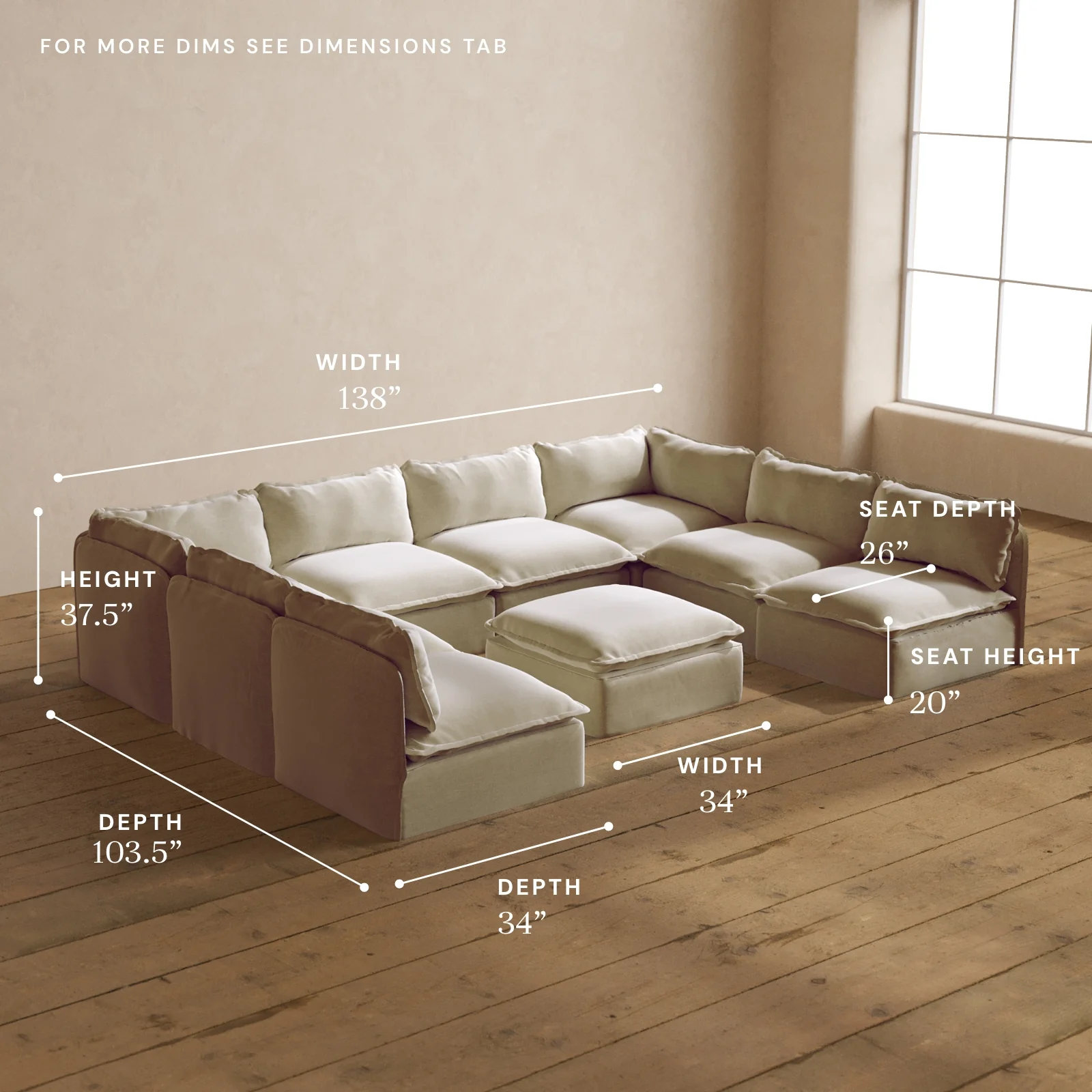 Modular Washable 8-Seater Open-Ends U-Sectional + Ottoman in Coco | Memorix+ Seat | Contour Pillow - Image 5