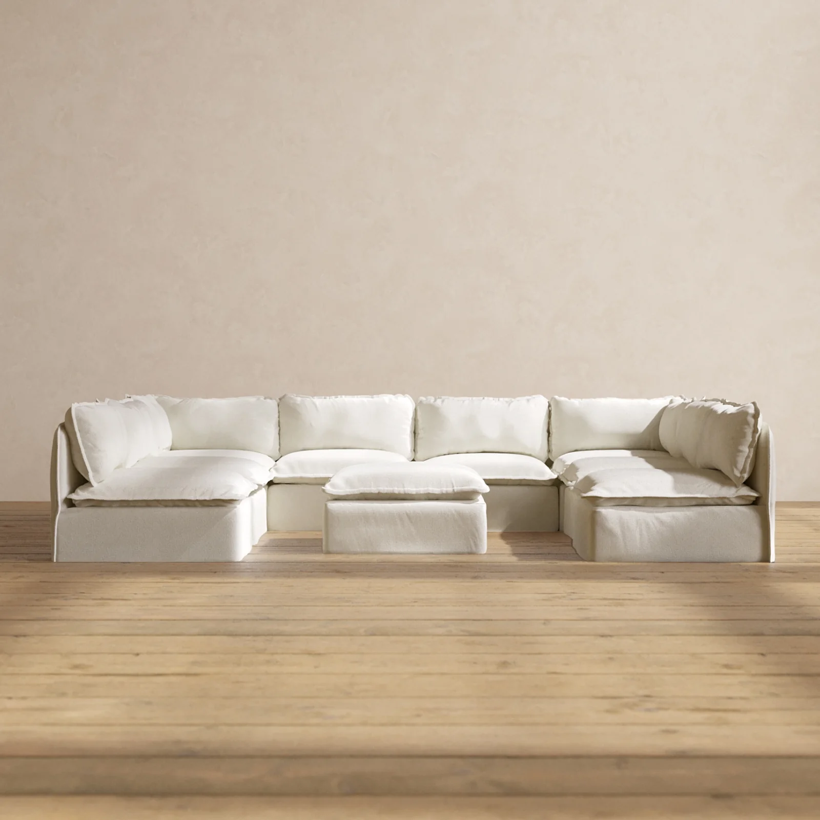 Modular Washable 8-Seater Open-Ends U-Sectional + Ottoman in Eggshell | Deluxe+ Seat | Cloud Pillow