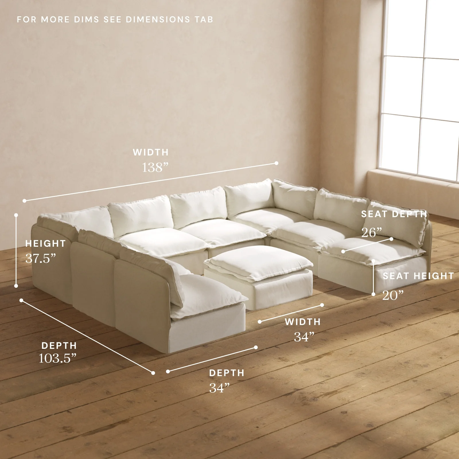 Modular Washable 8-Seater Open-Ends U-Sectional + Ottoman in Eggshell | Deluxe+ Seat | Cloud Pillow - Image 5
