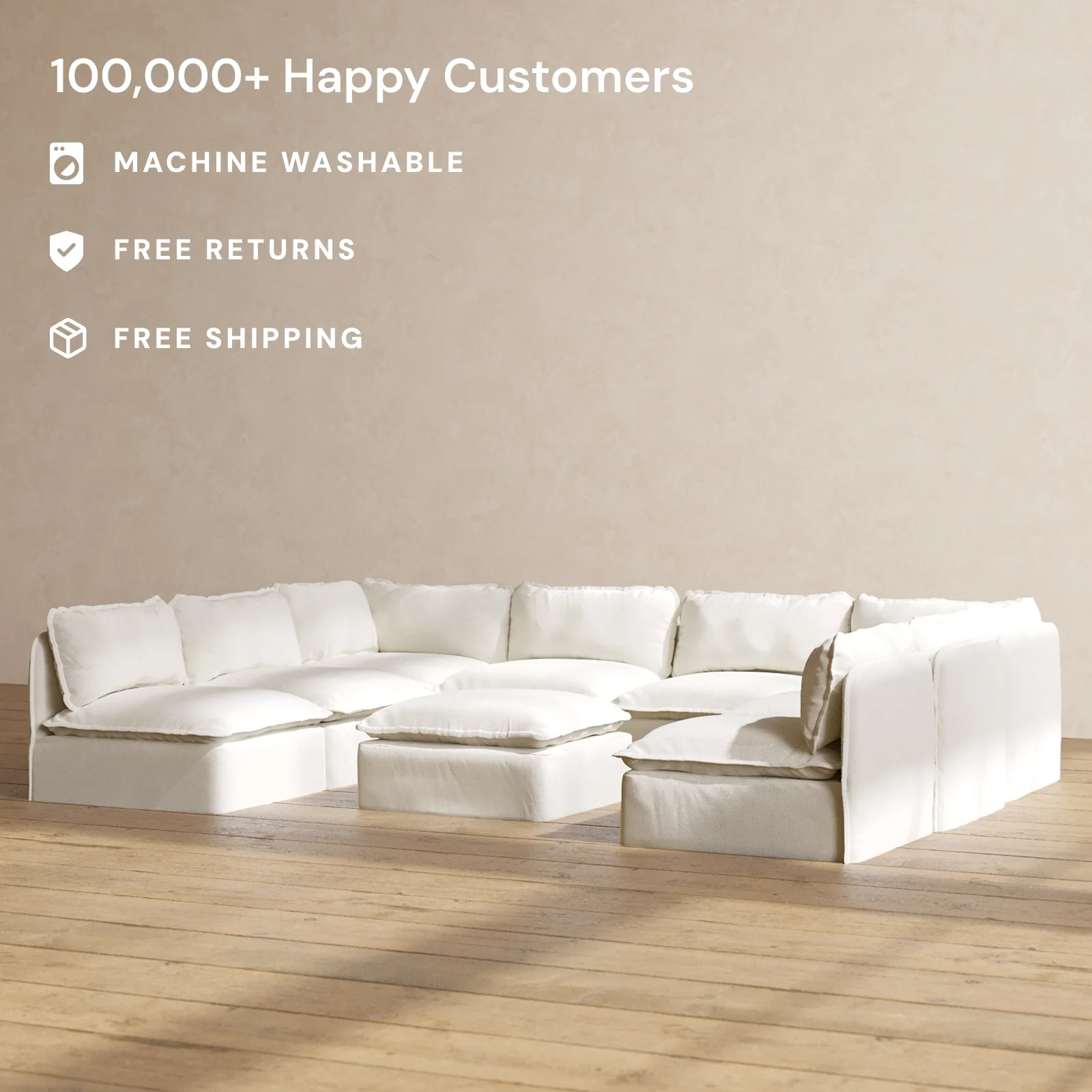 Modular Washable 8-Seater Open-Ends U-Sectional + Ottoman in Eggshell | Memorix+ Seat | Contour Pillow - Image 2