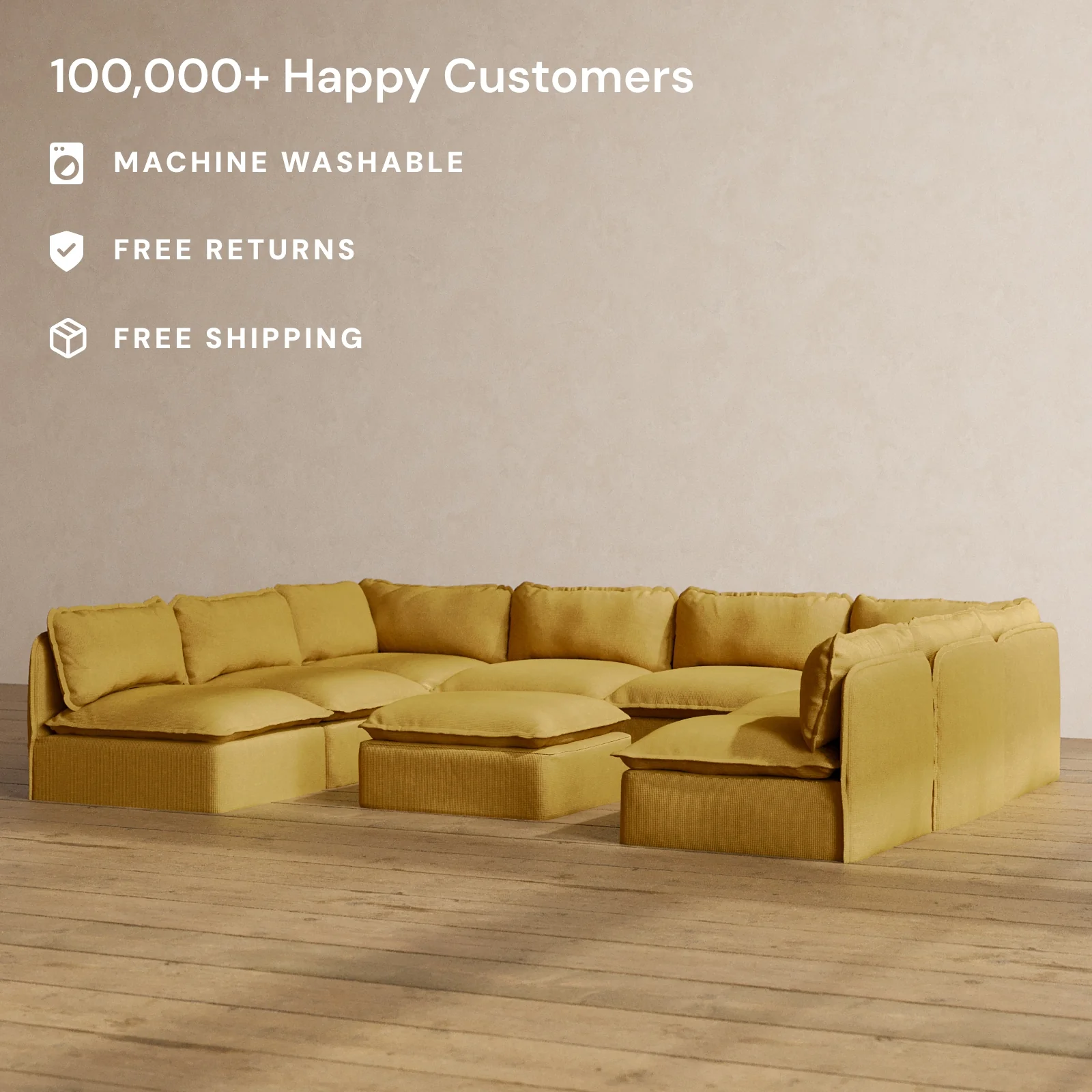 Modular Washable 8-Seater Open-Ends U-Sectional + Ottoman in Kiiro | Deluxe+ Seat | Cloud Pillow - Image 2