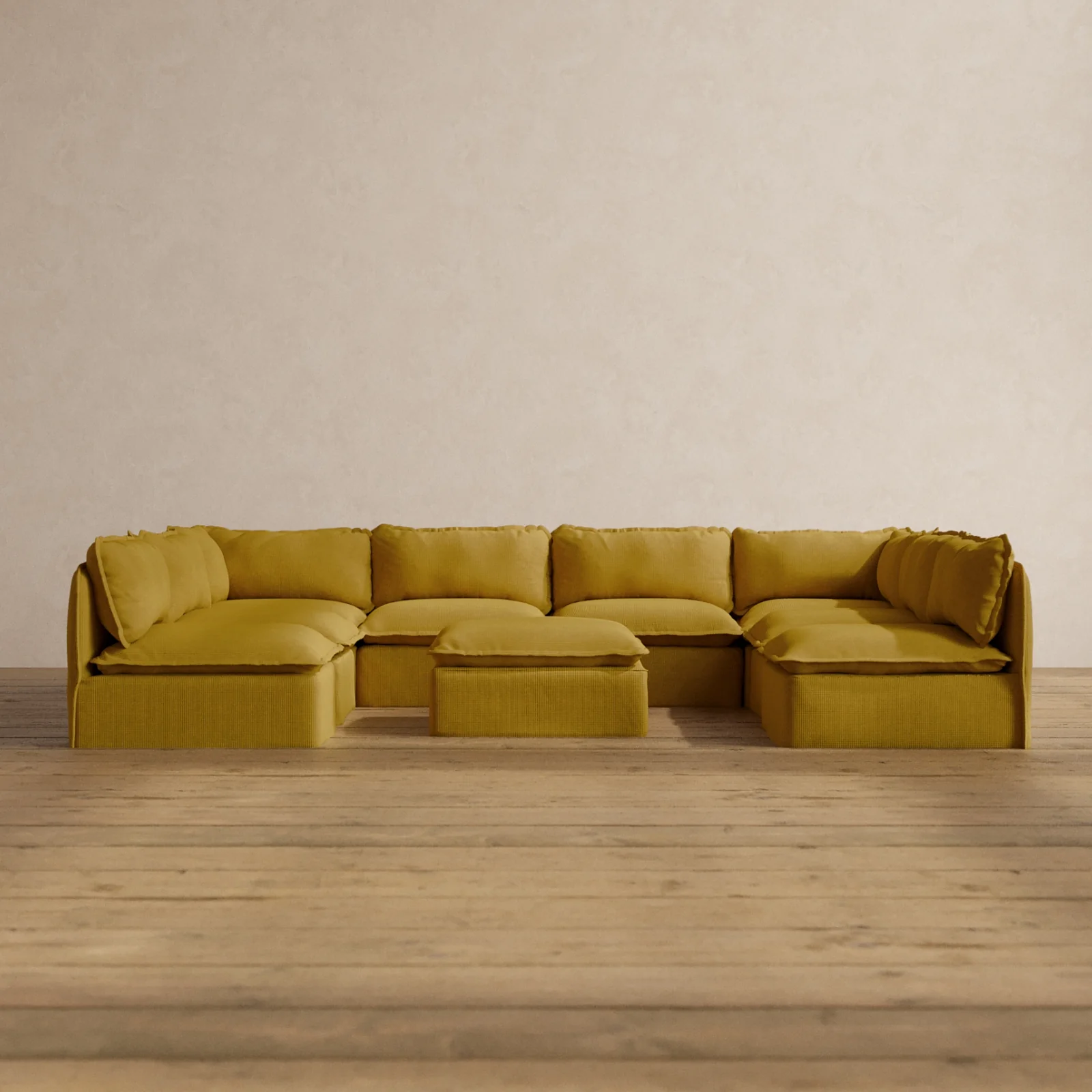 Modular Washable 8-Seater Open-Ends U-Sectional + Ottoman in Kiiro | Memorix+ Seat | Contour Pillow