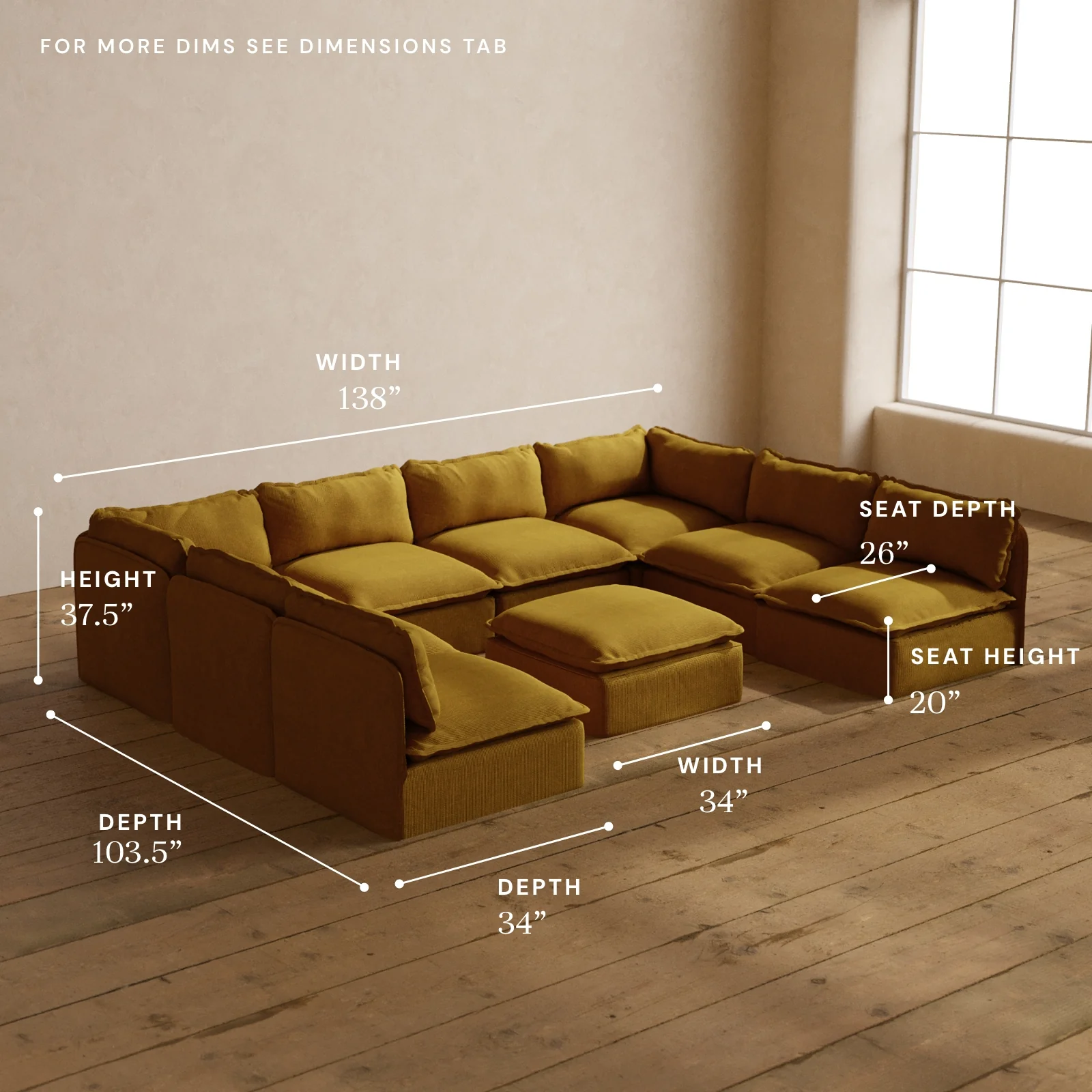 Modular Washable 8-Seater Open-Ends U-Sectional + Ottoman in Kiiro | Memorix+ Seat | Contour Pillow - Image 5