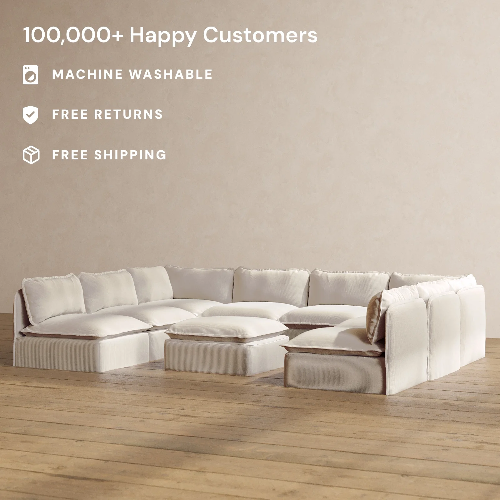Modular Washable 8-Seater Open-Ends U-Sectional + Ottoman in Milk | Deluxe+ Seat | Cloud Pillow - Image 2