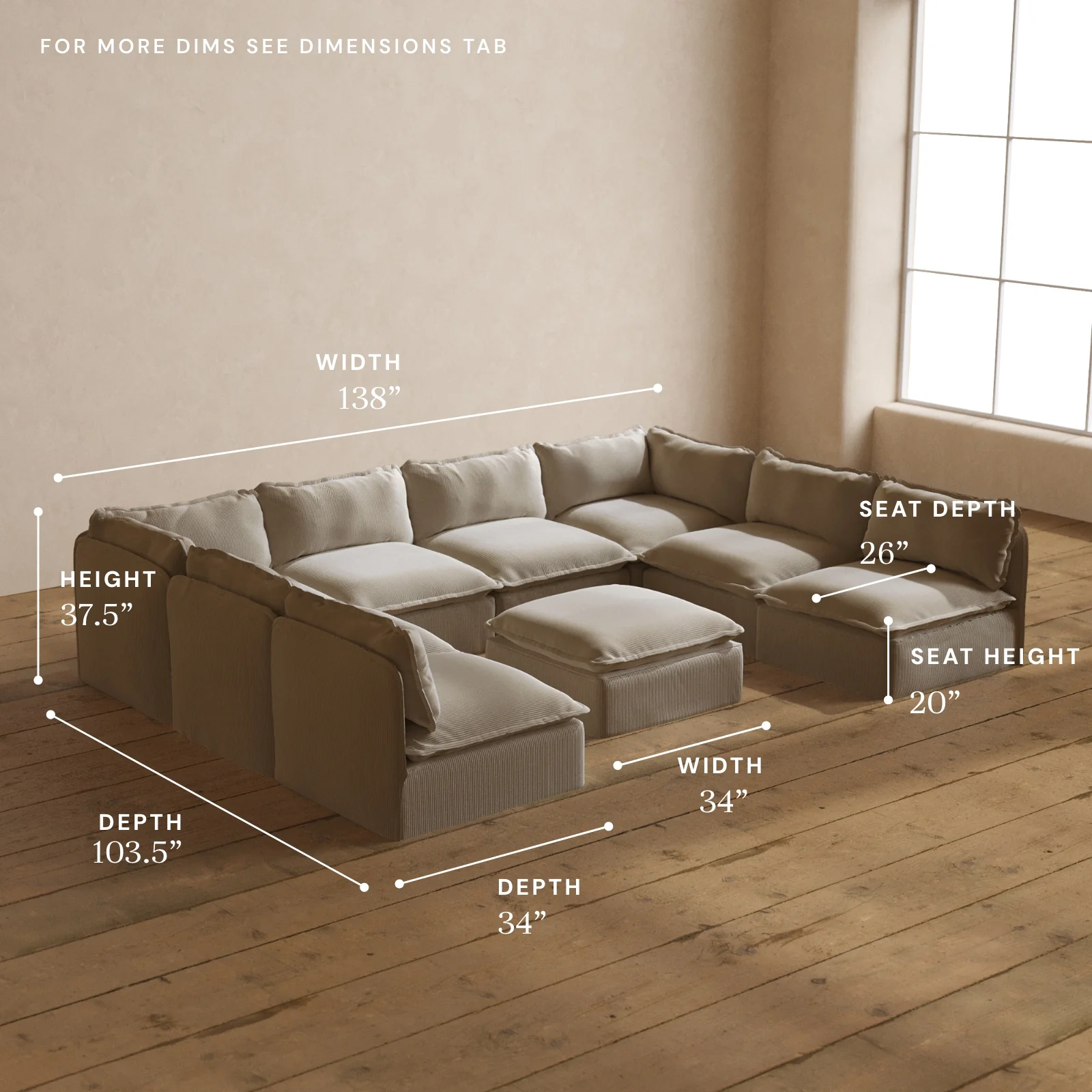Modular Washable 8-Seater Open-Ends U-Sectional + Ottoman in Milk | Memorix+ Seat | Contour Pillow - Image 5