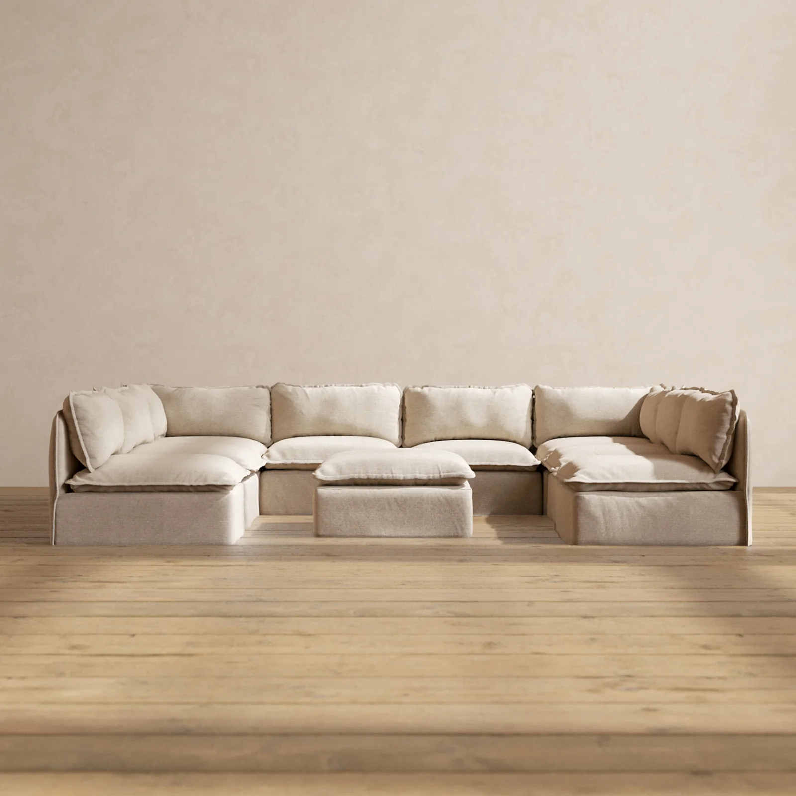 Modular Washable 8-Seater Open-Ends U-Sectional + Ottoman in Oat | Deluxe+ Seat | Cloud Pillow
