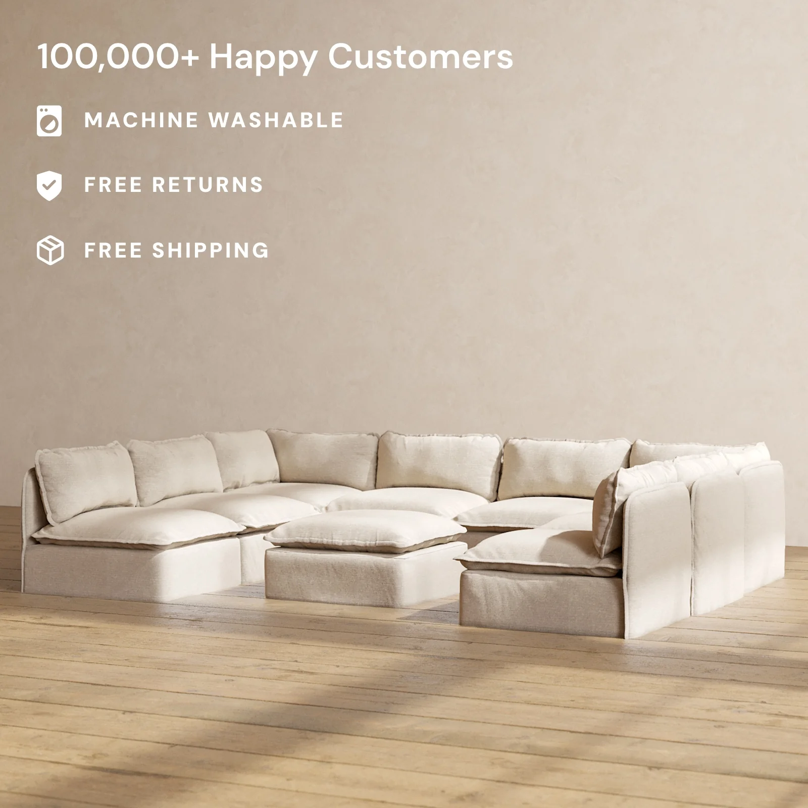 Modular Washable 8-Seater Open-Ends U-Sectional + Ottoman in Oat | Memorix+ Seat | Contour Pillow - Image 2