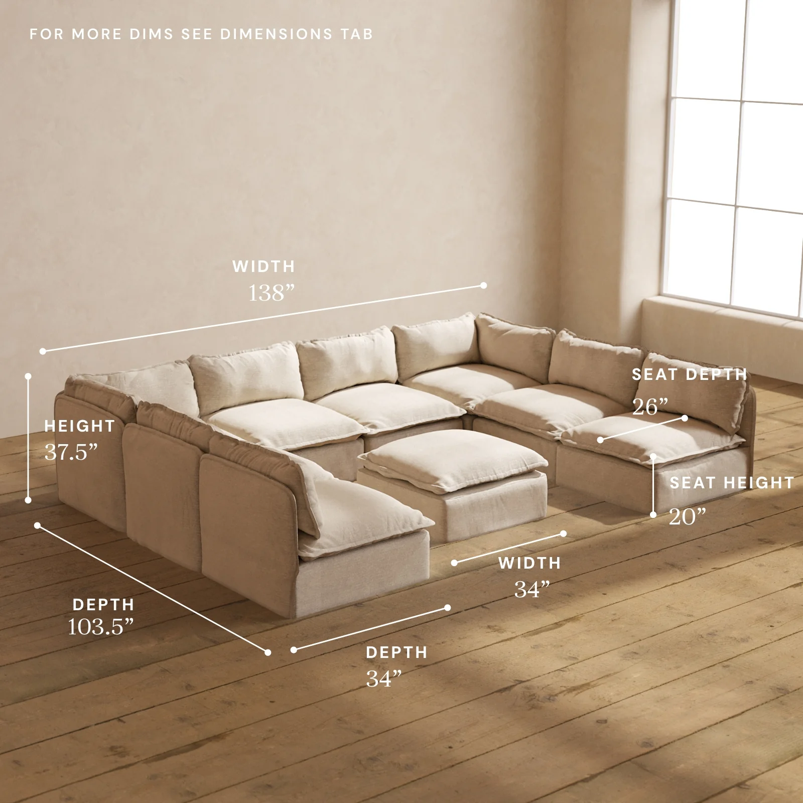 Modular Washable 8-Seater Open-Ends U-Sectional + Ottoman in Oat | Memorix+ Seat | Contour Pillow - Image 5