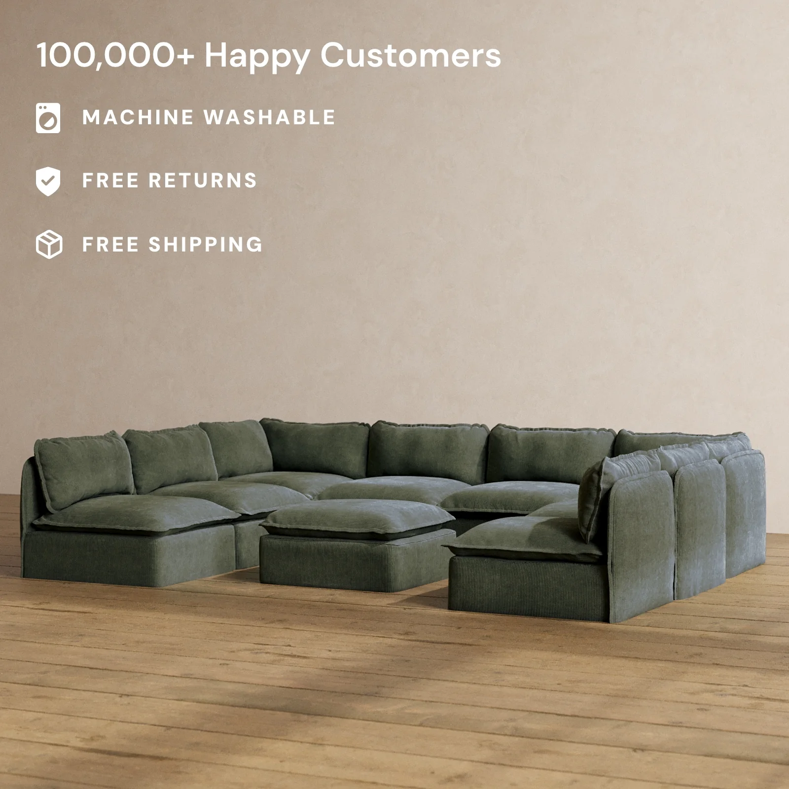 Modular Washable 8-Seater Open-Ends U-Sectional + Ottoman in Olivine | Memorix+ Seat | Contour Pillow - Image 2