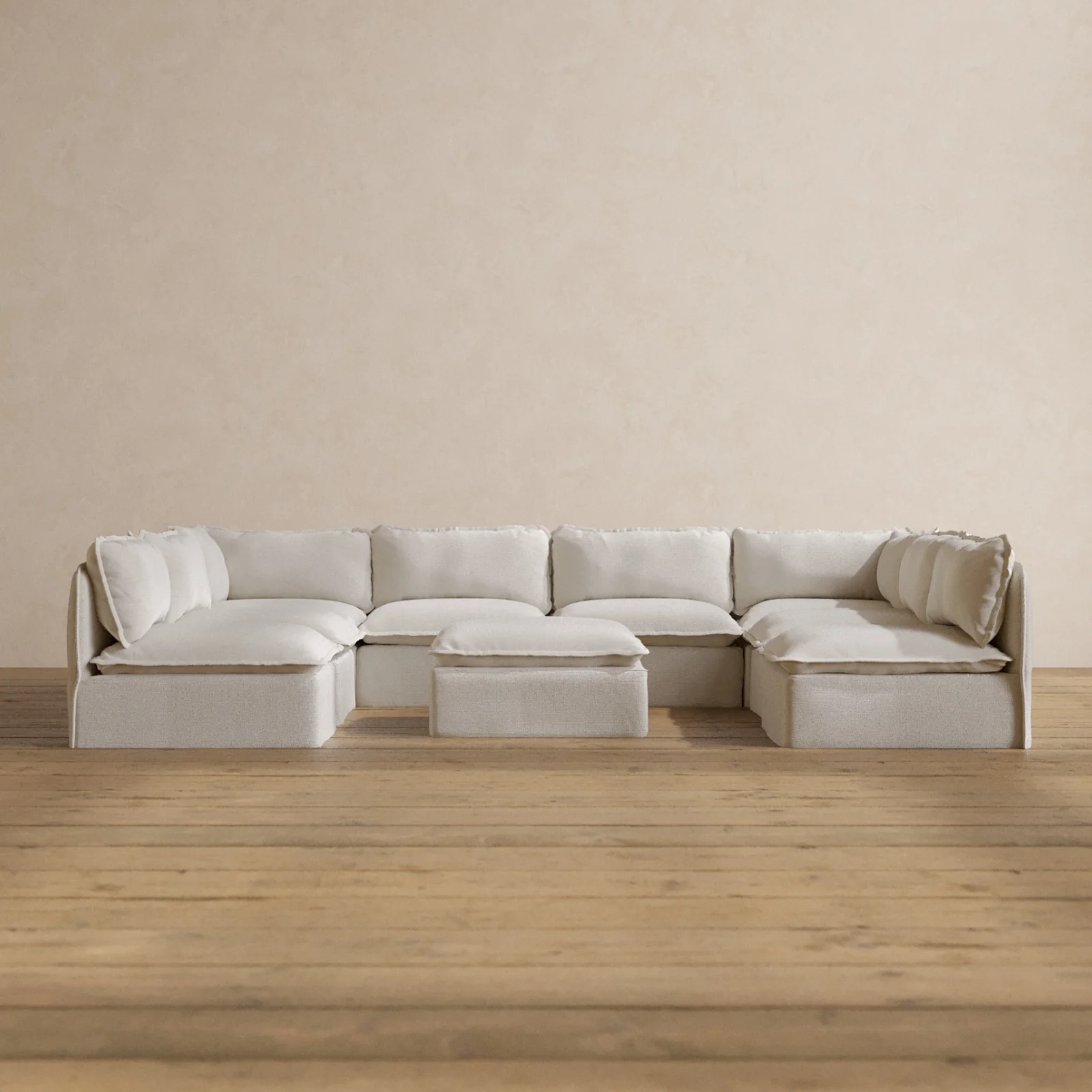 Modular Washable 8-Seater Open-Ends U-Sectional + Ottoman in Powder | Deluxe+ Seat | Cloud Pillow