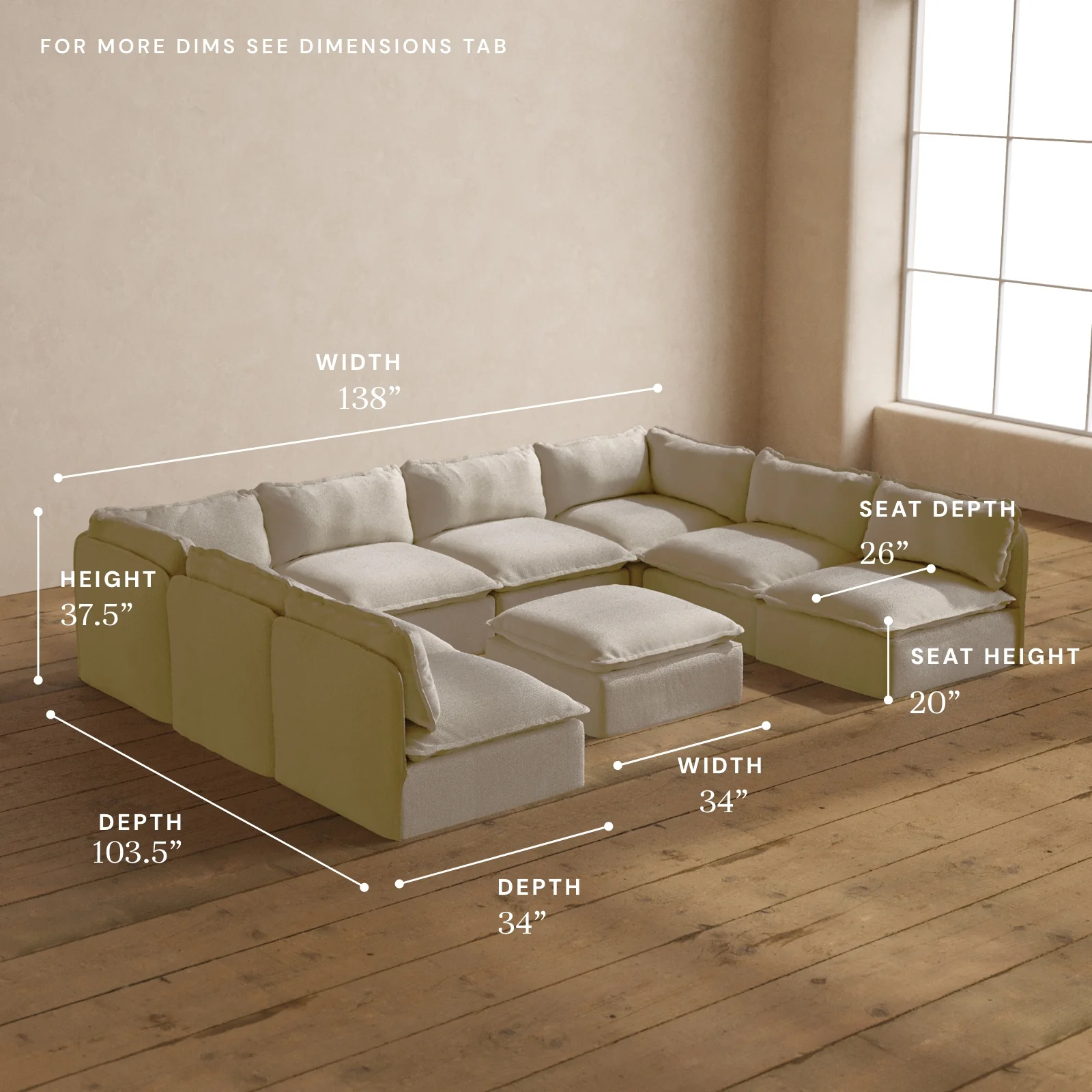 Modular Washable 8-Seater Open-Ends U-Sectional + Ottoman in Powder | Memorix+ Seat | Contour Pillow - Image 5