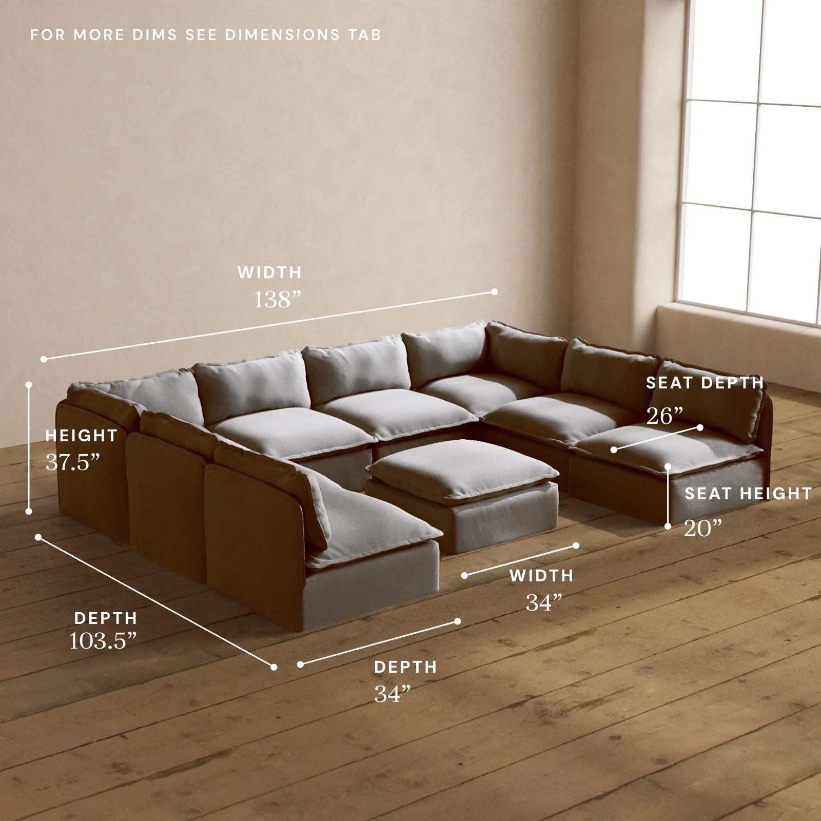Modular Washable 8-Seater Open-Ends U-Sectional + Ottoman in Pumice | Memorix+ Seat | Contour Pillow - Image 5