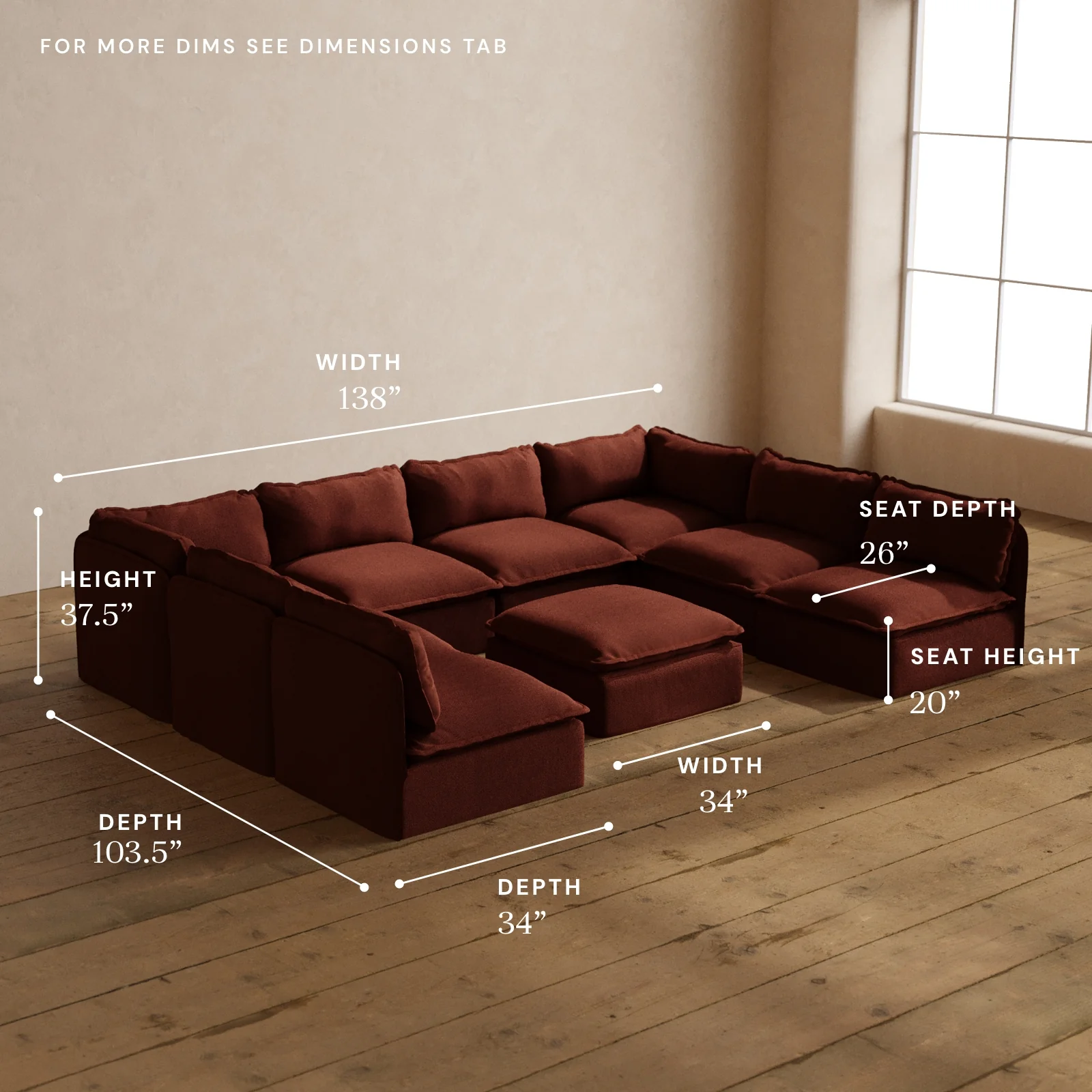 Modular Washable 8-Seater Open-Ends U-Sectional + Ottoman in Rust | Deluxe+ Seat | Cloud Pillow - Image 5