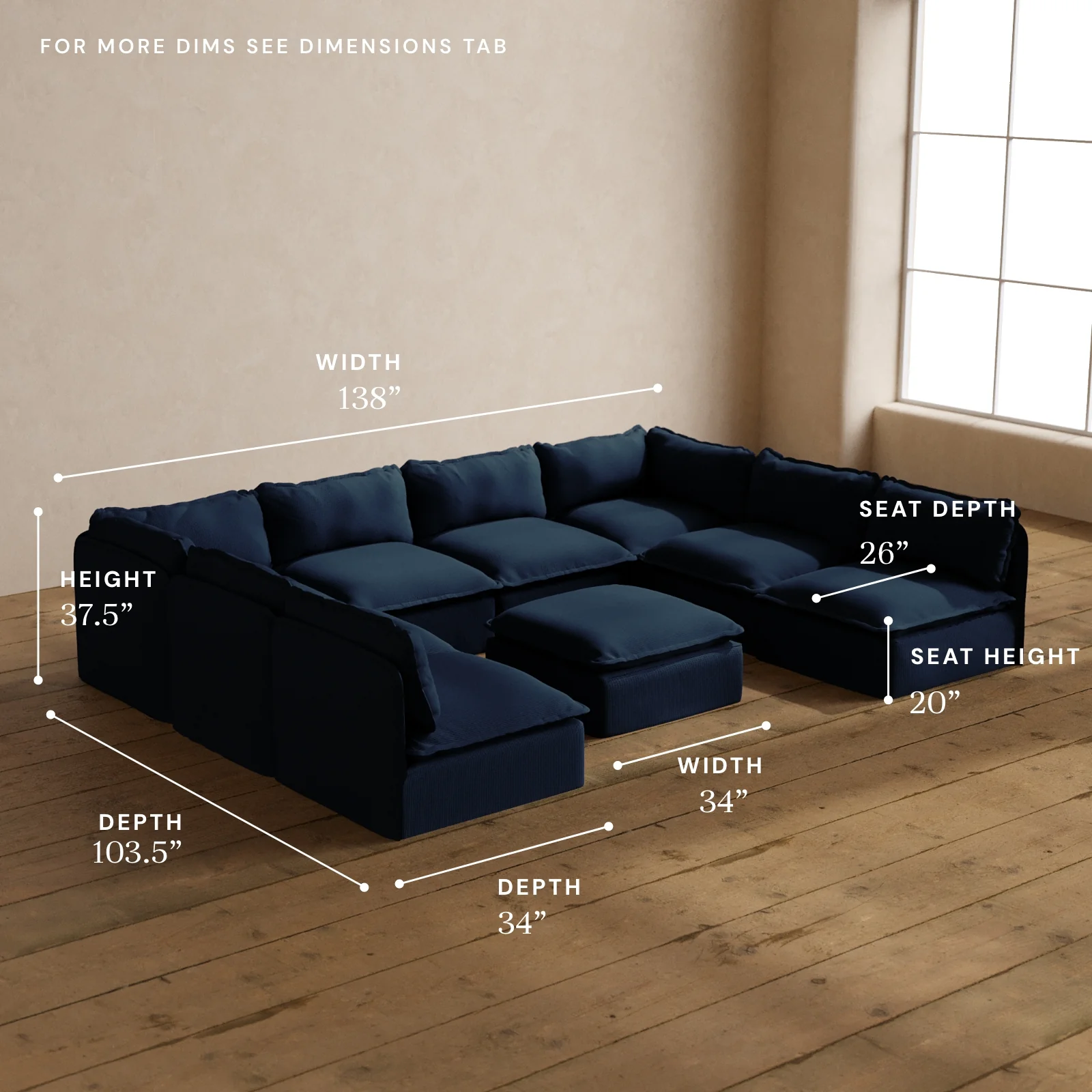Modular Washable 8-Seater Open-Ends U-Sectional + Ottoman in Sumi | Memorix+ Seat | Contour Pillow - Image 5