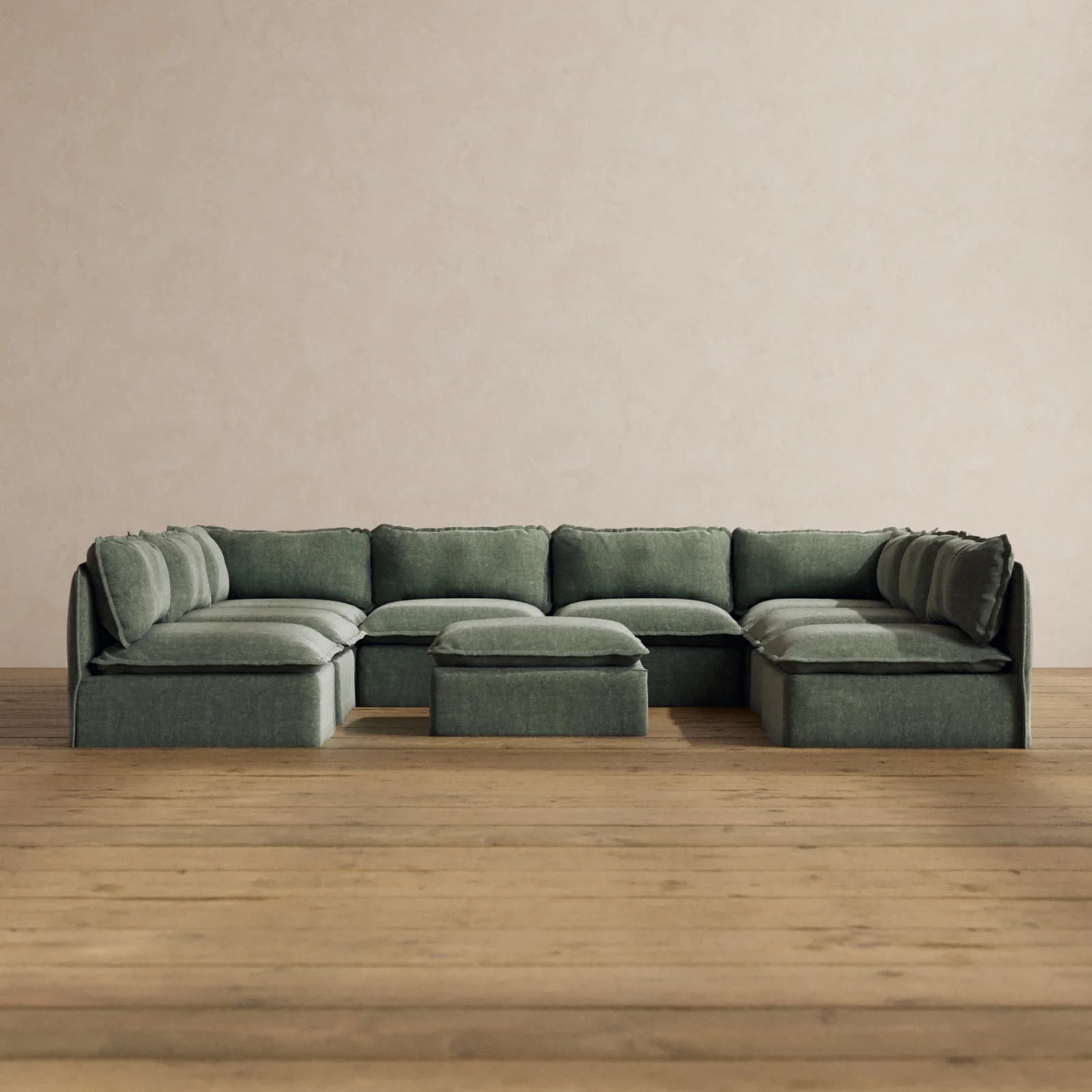 Modular Washable 8-Seater Open-Ends U-Sectional + Ottoman in Willow | Deluxe+ Seat | Cloud Pillow