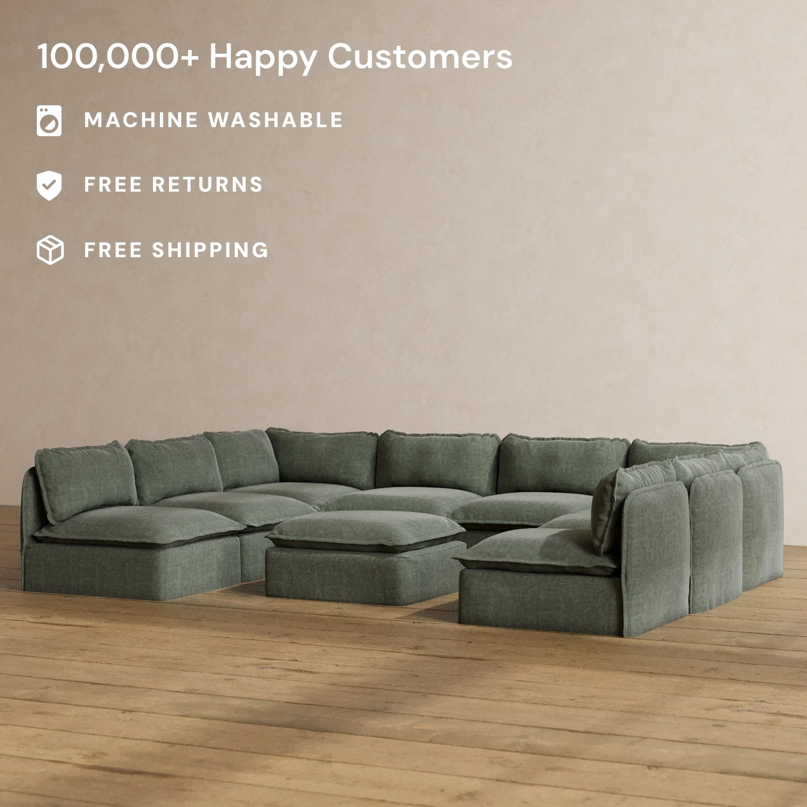 Modular Washable 8-Seater Open-Ends U-Sectional + Ottoman in Willow | Deluxe+ Seat | Cloud Pillow - Image 2