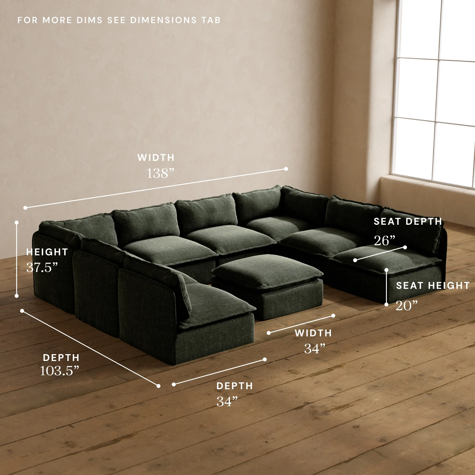 Modular Washable 8-Seater Open-Ends U-Sectional + Ottoman in Willow | Deluxe+ Seat | Cloud Pillow - Image 5