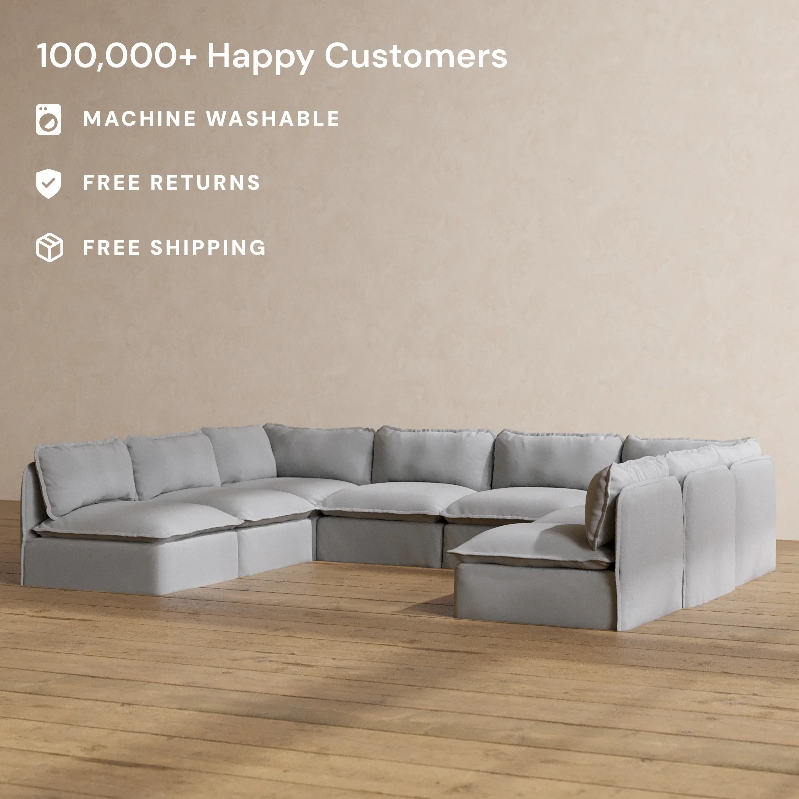 Modular Washable 8-Seater Open-Ends U-Sectional in Pumice | Deluxe+ Seat | Cloud Pillow - Image 2