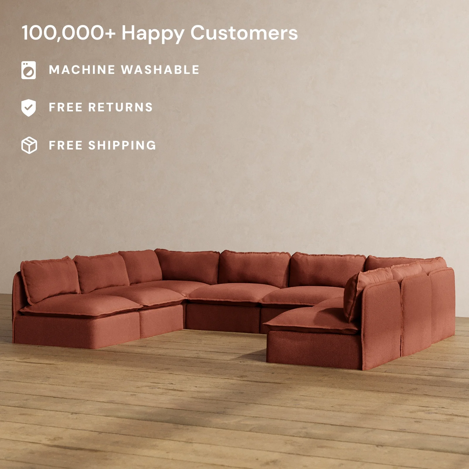Modular Washable 8-Seater Open-Ends U-Sectional in Rust | Memorix+ Seat | Contour Pillow - Image 2