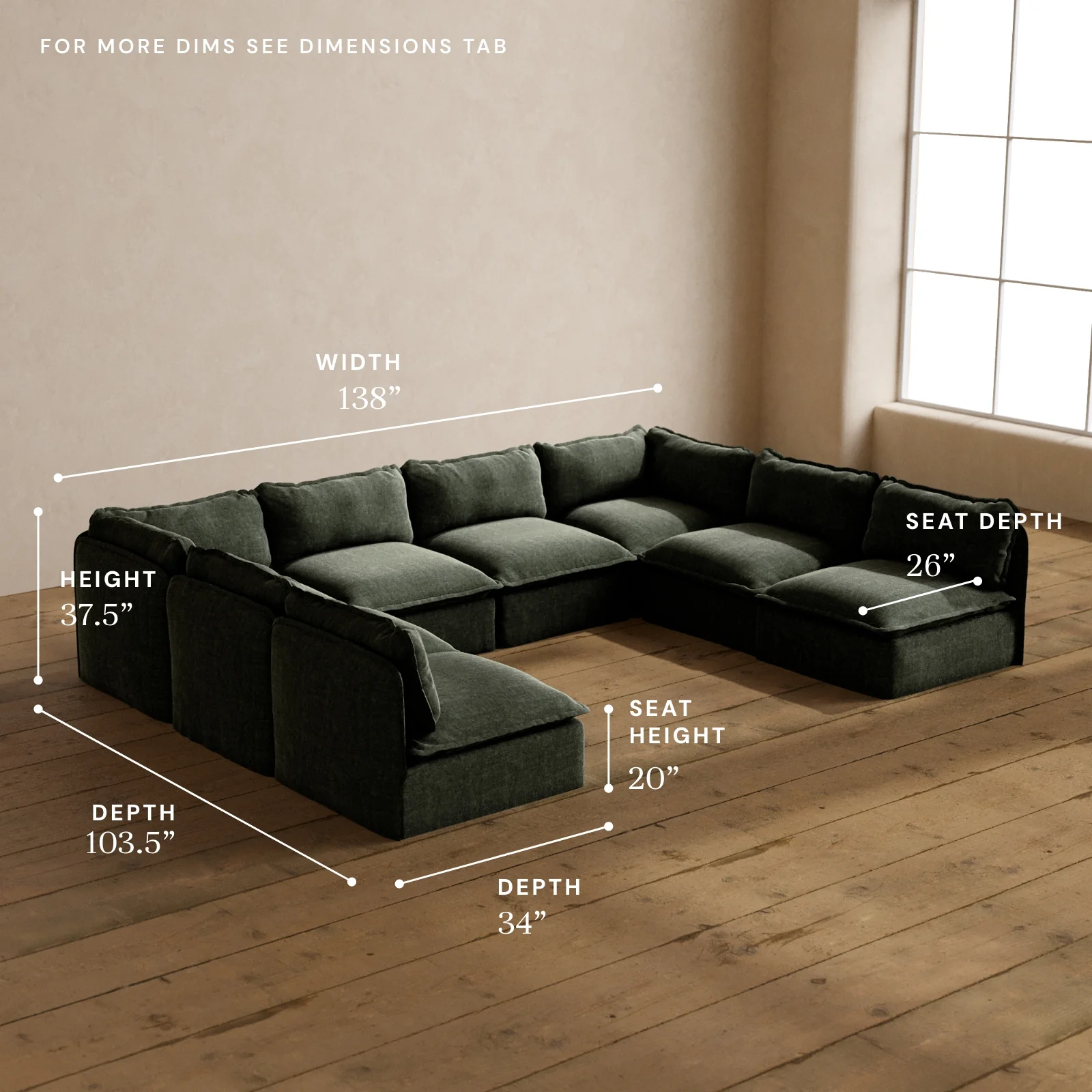 Modular Washable 8-Seater Open-Ends U-Sectional in Willow | Memorix+ Seat | Contour Pillow - Image 5