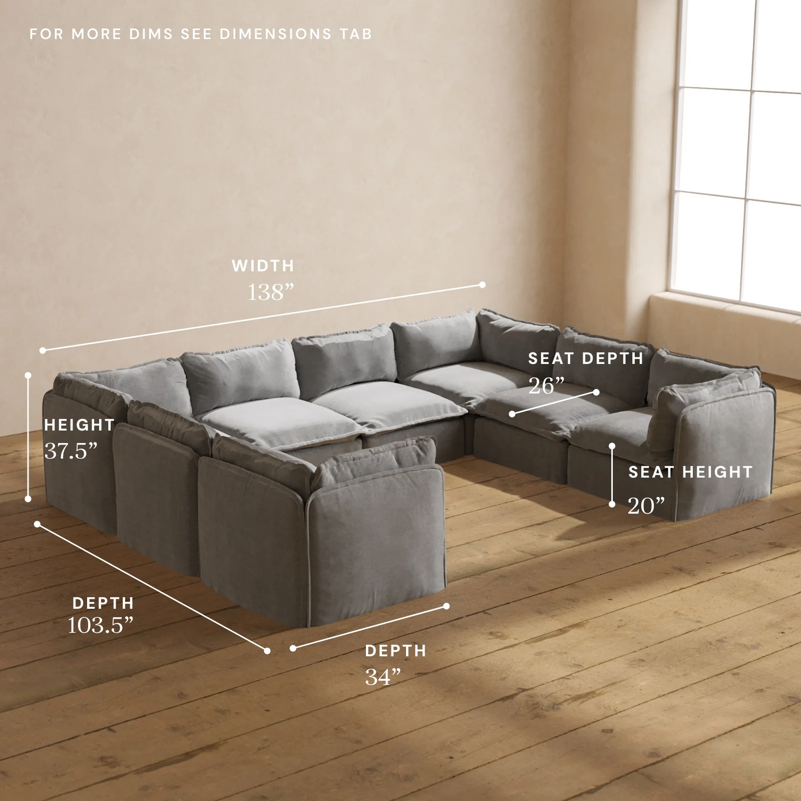 Modular Washable 8-Seater U-Sectional in Ash | Deluxe+ Seat | Cloud Pillow - Image 5