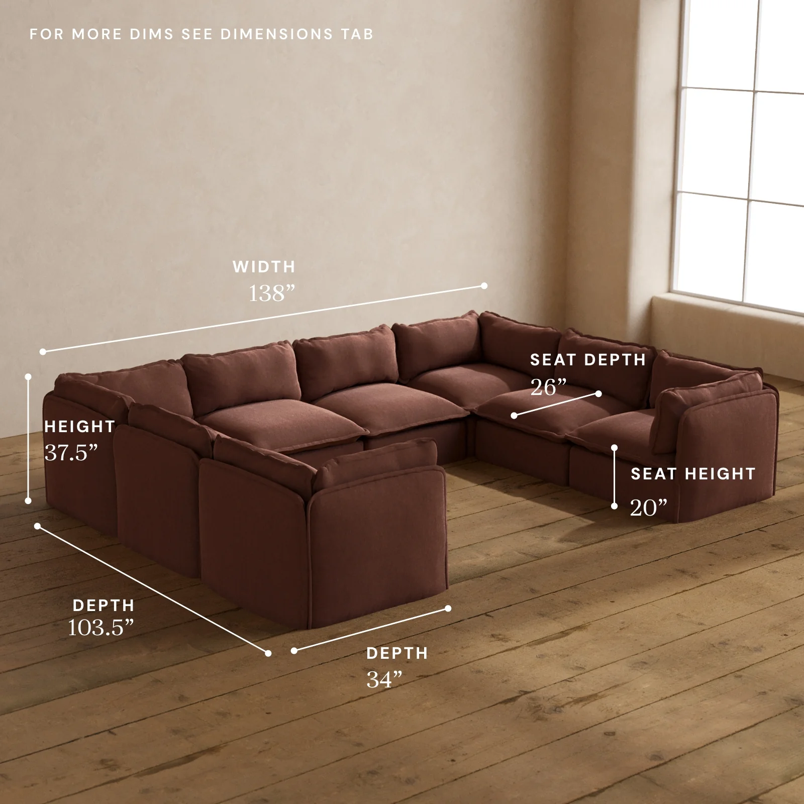 Modular Washable 8-Seater U-Sectional in Chestnut | Memorix+ Seat | Contour Pillow - Image 5