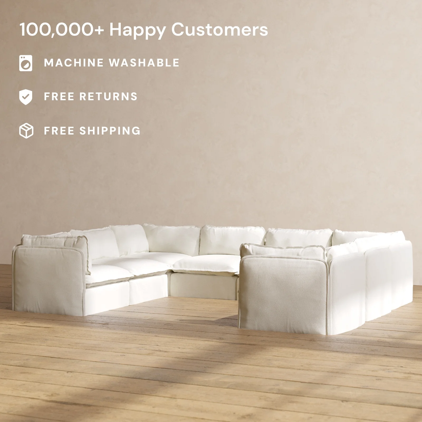 Modular Washable 8-Seater U-Sectional in Eggshell | Deluxe+ Seat | Cloud Pillow - Image 2
