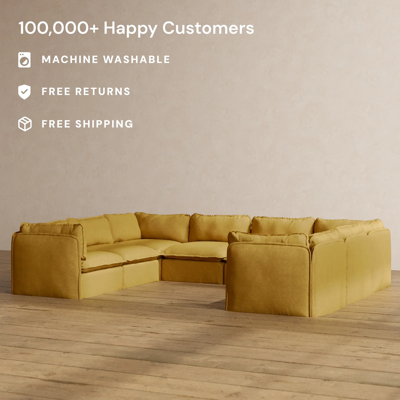 Modular Washable 8-Seater U-Sectional in Kiiro | Deluxe+ Seat | Cloud Pillow - Image 2