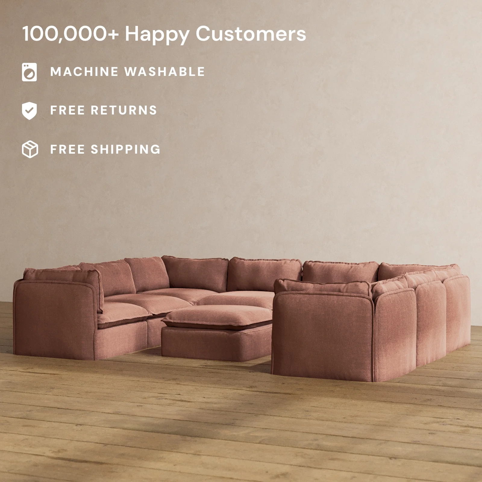 Modular Washable 8-Seater U-Sectional + Ottoman in Chestnut | Deluxe+ Seat | Cloud Pillow - Image 2