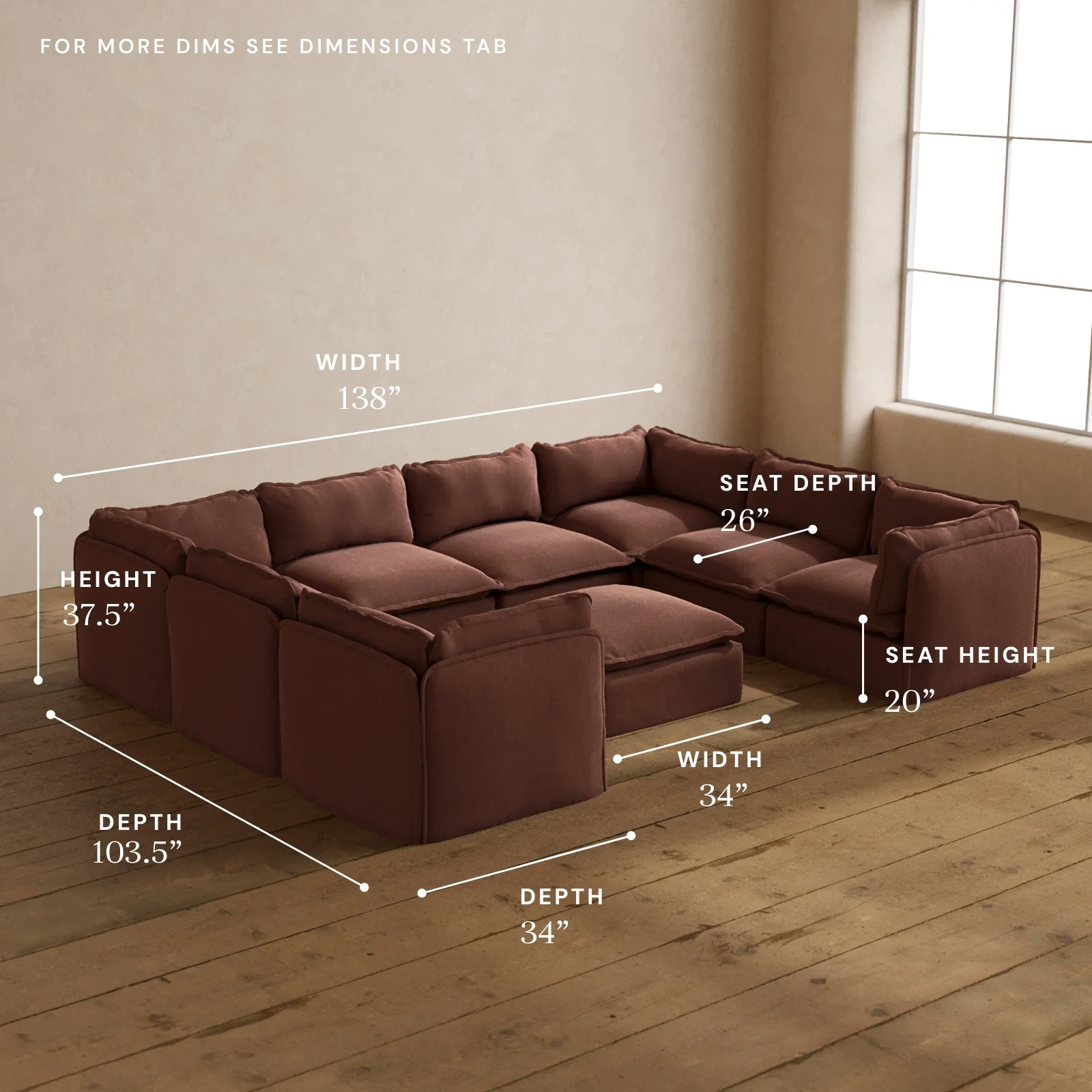 Modular Washable 8-Seater U-Sectional + Ottoman in Chestnut | Memorix+ Seat | Contour Pillow - Image 5