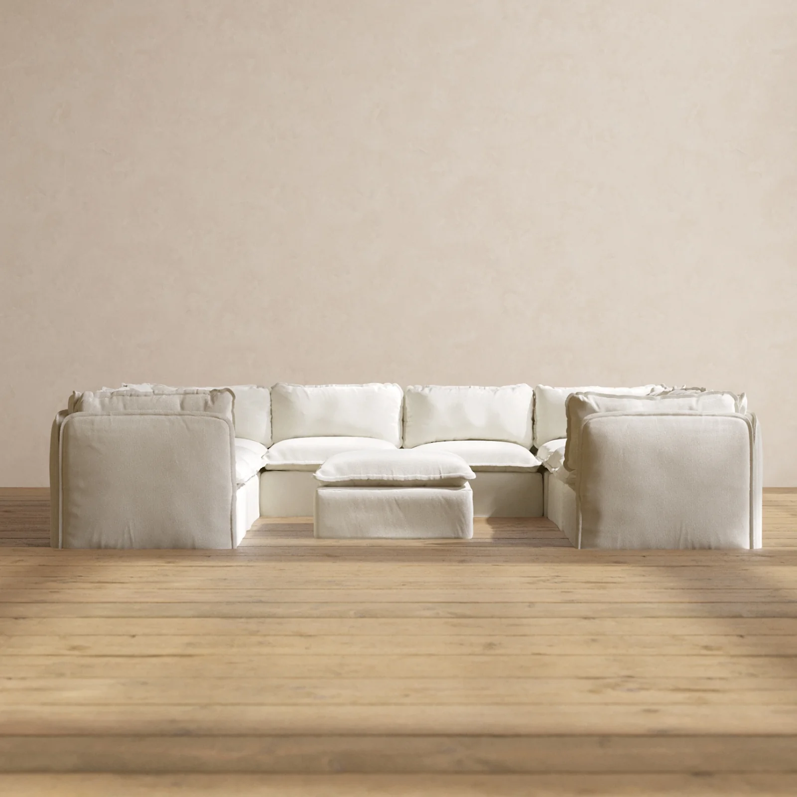 Modular Washable 8-Seater U-Sectional + Ottoman in Eggshell | Deluxe+ Seat | Cloud Pillow