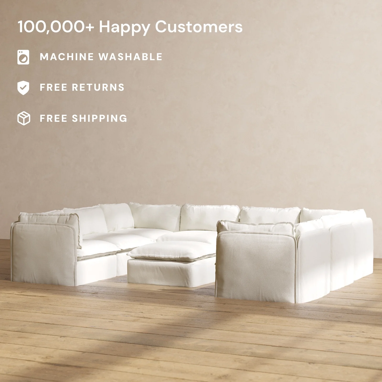 Modular Washable 8-Seater U-Sectional + Ottoman in Eggshell | Deluxe+ Seat | Cloud Pillow - Image 2