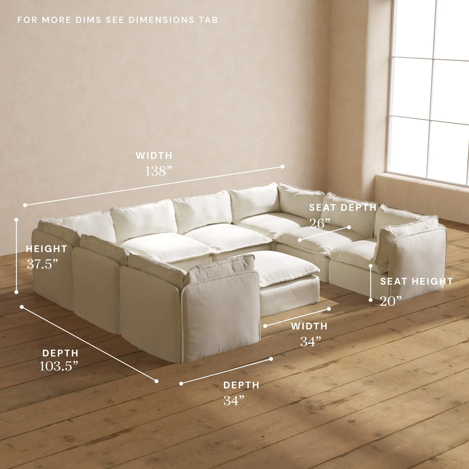 Modular Washable 8-Seater U-Sectional + Ottoman in Eggshell | Deluxe+ Seat | Cloud Pillow - Image 5
