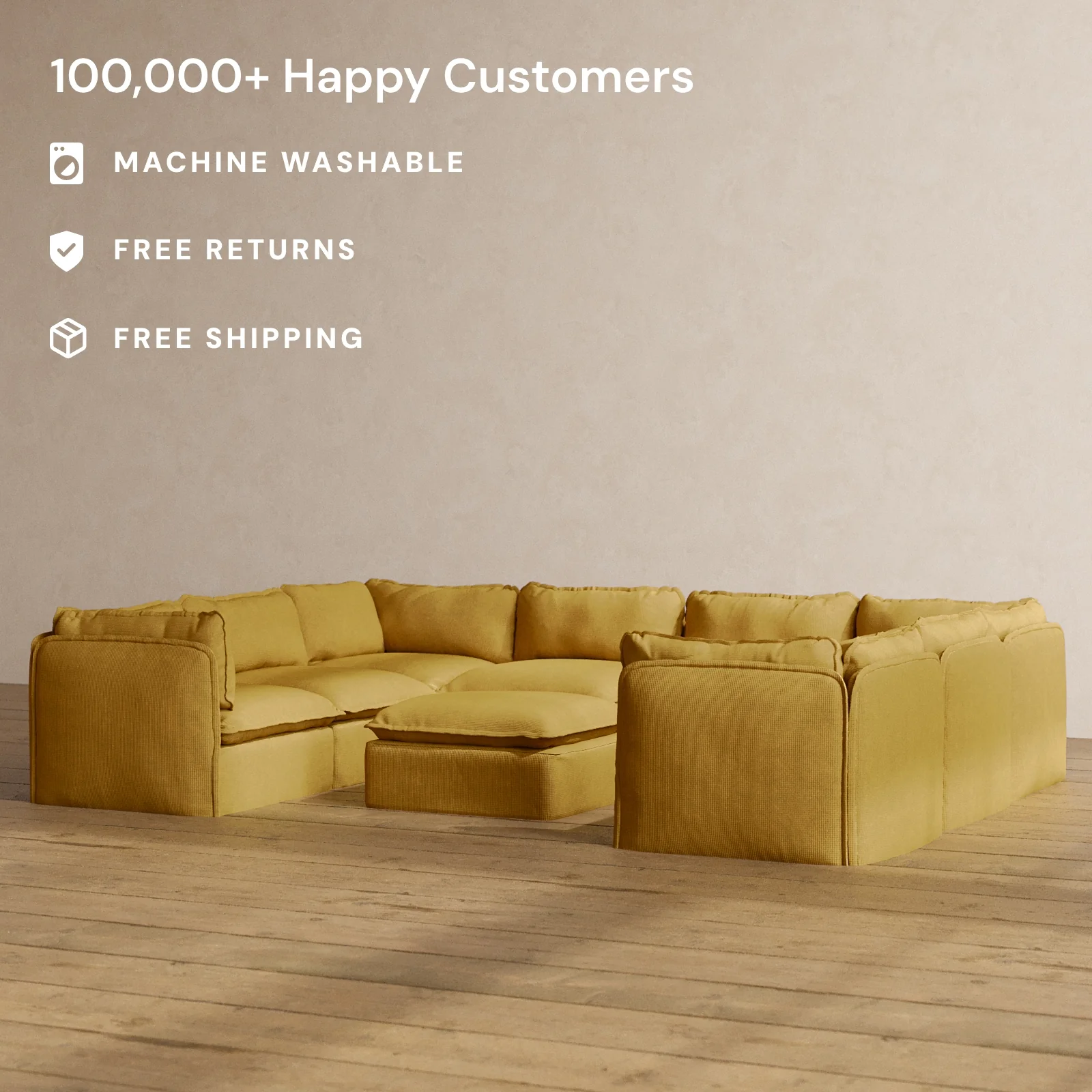 Modular Washable 8-Seater U-Sectional + Ottoman in Kiiro | Deluxe+ Seat | Cloud Pillow - Image 2