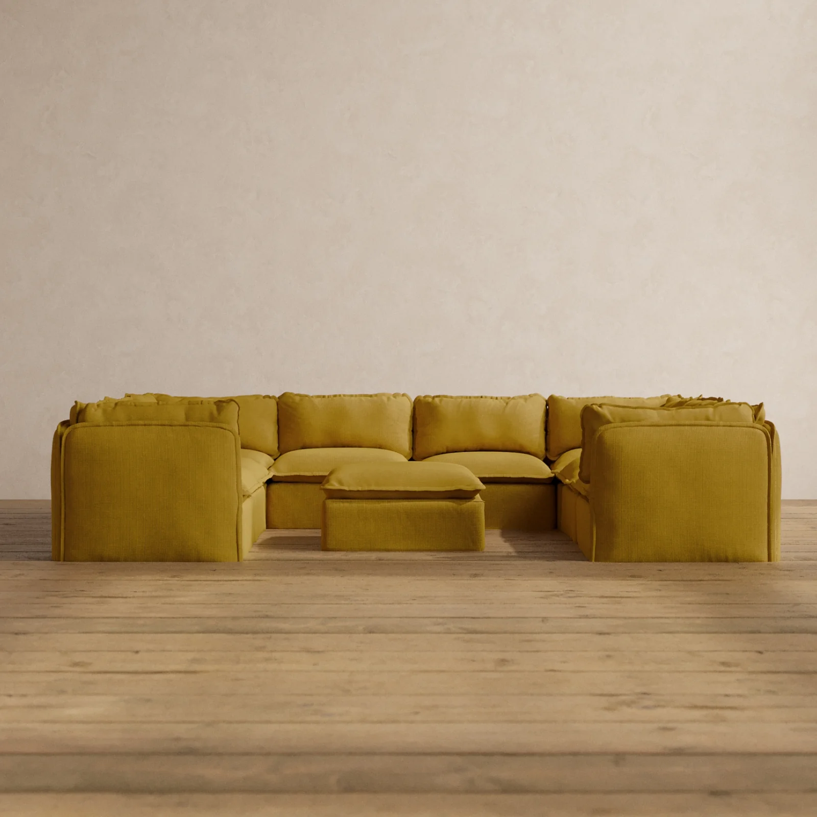 Modular Washable 8-Seater U-Sectional + Ottoman in Kiiro | Memorix+ Seat | Contour Pillow
