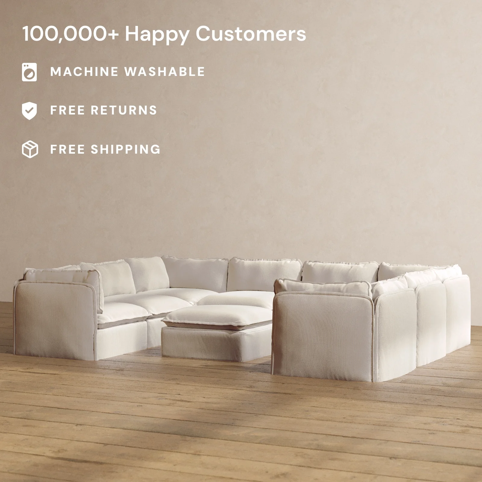 Modular Washable 8-Seater U-Sectional + Ottoman in Milk | Deluxe+ Seat | Cloud Pillow - Image 2