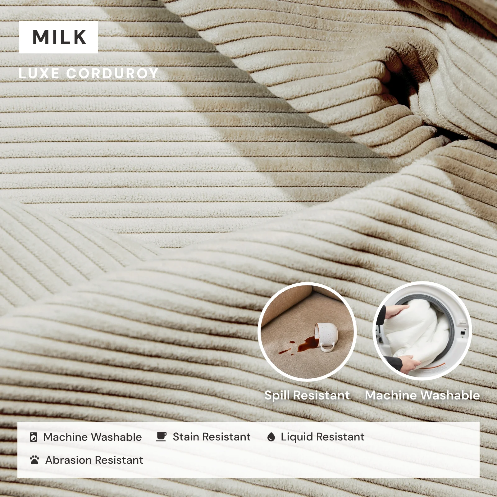 Modular Washable 8-Seater U-Sectional + Ottoman in Milk | Memorix+ Seat | Contour Pillow - Image 3