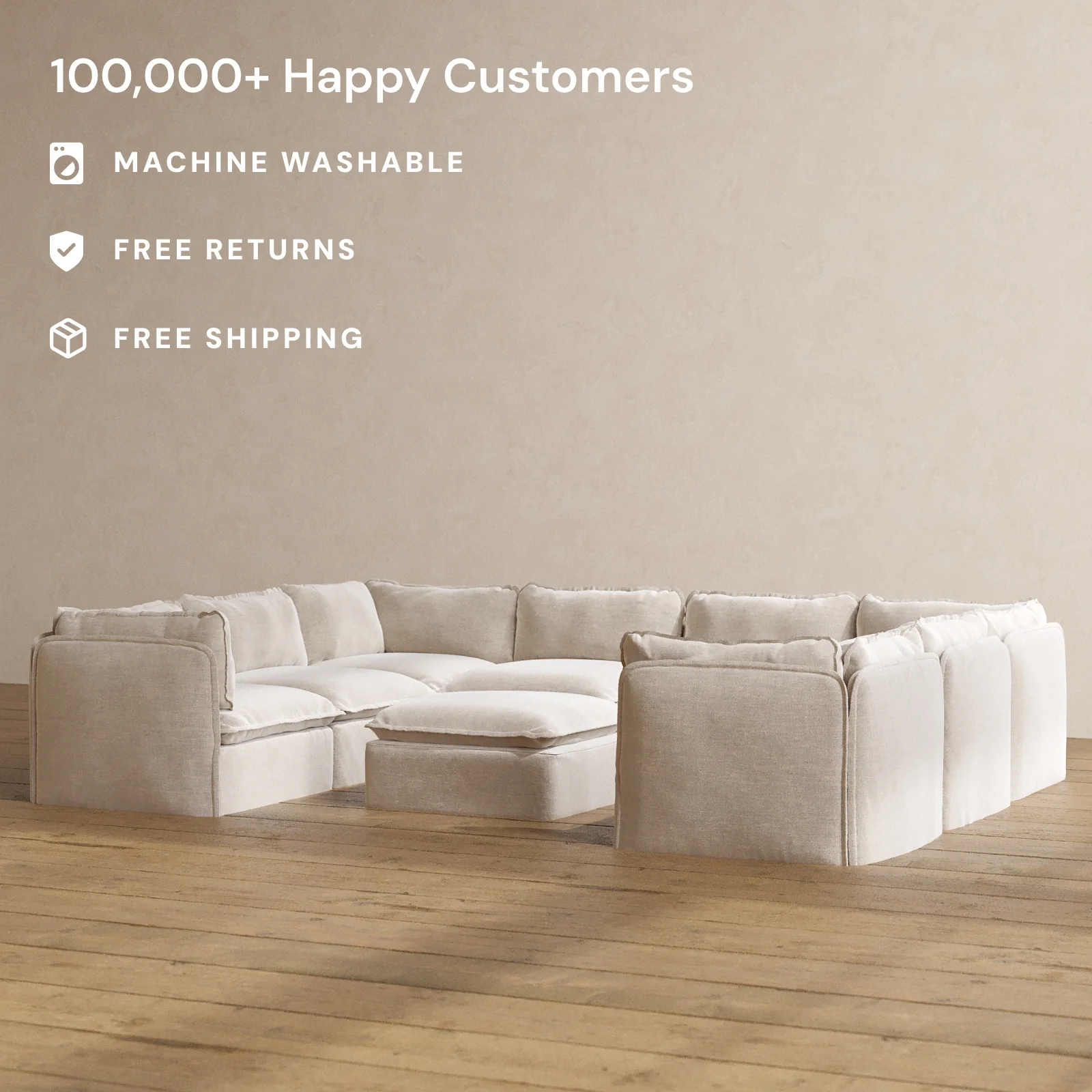 Modular Washable 8-Seater U-Sectional + Ottoman in Mist | Deluxe+ Seat | Cloud Pillow - Image 2