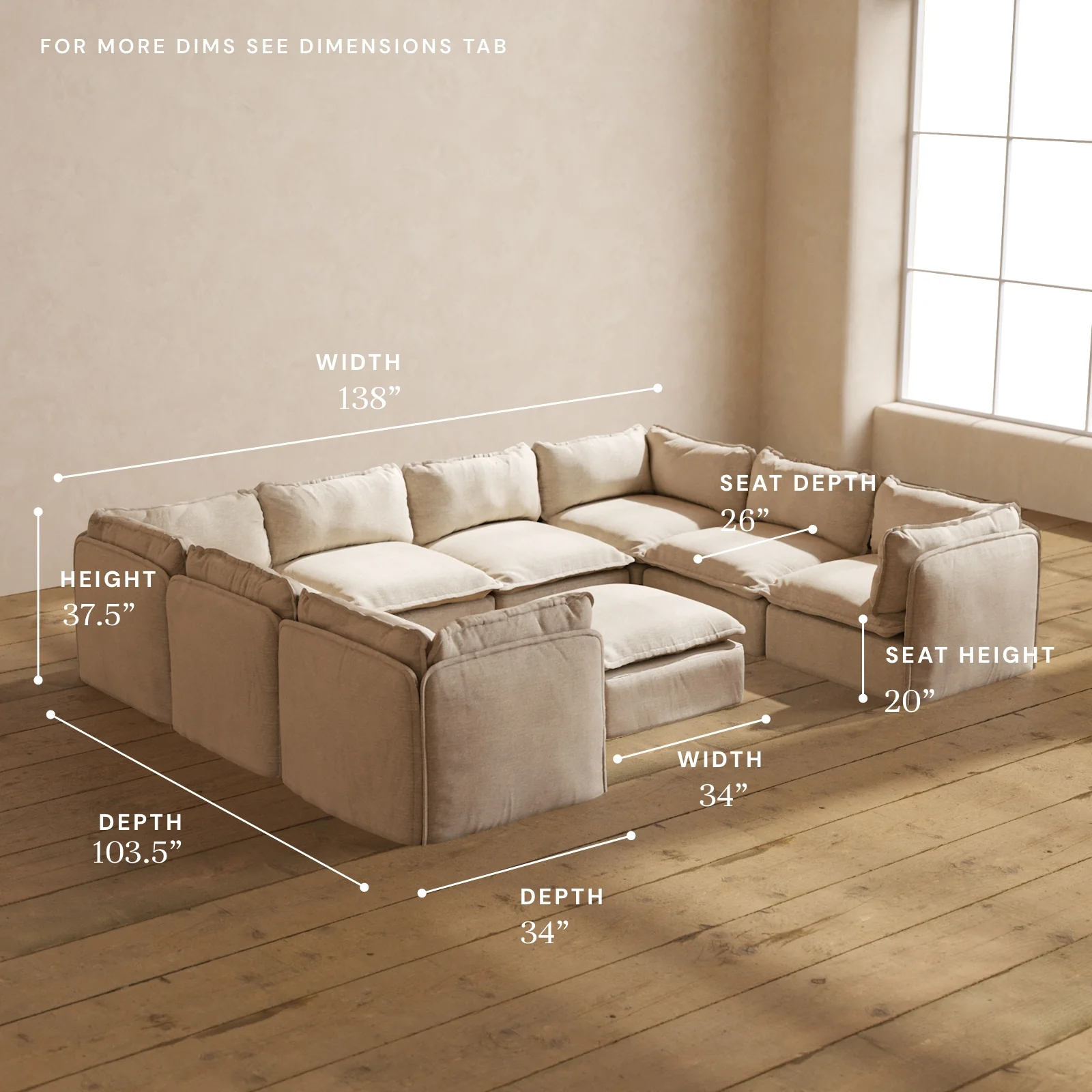 Modular Washable 8-Seater U-Sectional + Ottoman in Oat | Memorix+ Seat | Contour Pillow - Image 5
