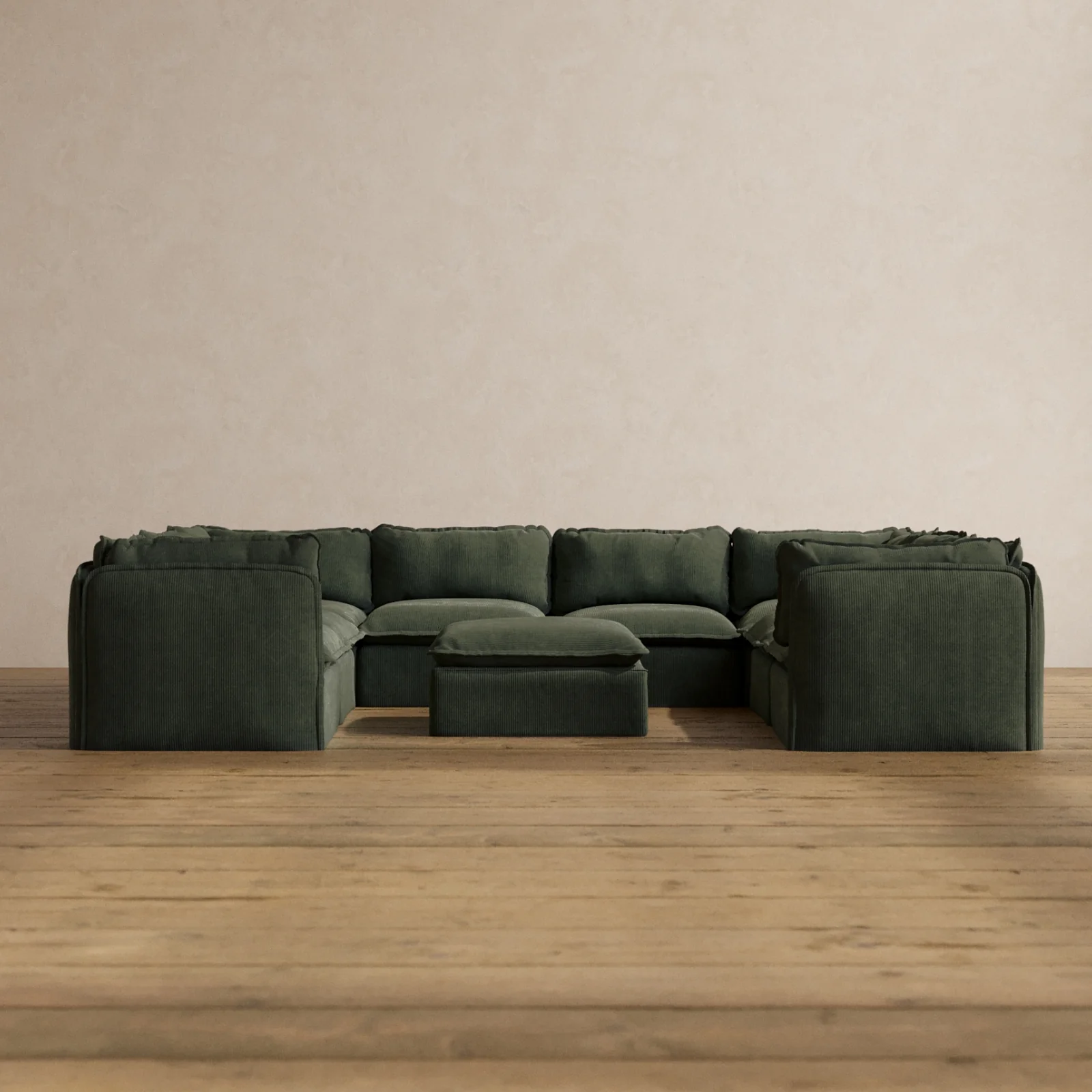 Modular Washable 8-Seater U-Sectional + Ottoman in Olivine | Memorix+ Seat | Contour Pillow