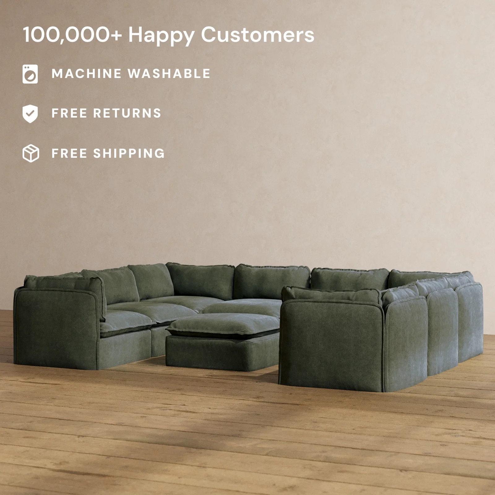 Modular Washable 8-Seater U-Sectional + Ottoman in Olivine | Memorix+ Seat | Contour Pillow - Image 2