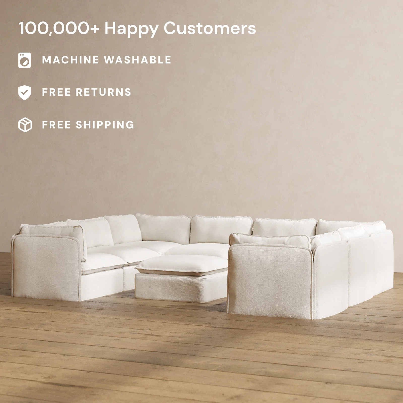 Modular Washable 8-Seater U-Sectional + Ottoman in Powder | Memorix+ Seat | Contour Pillow - Image 2